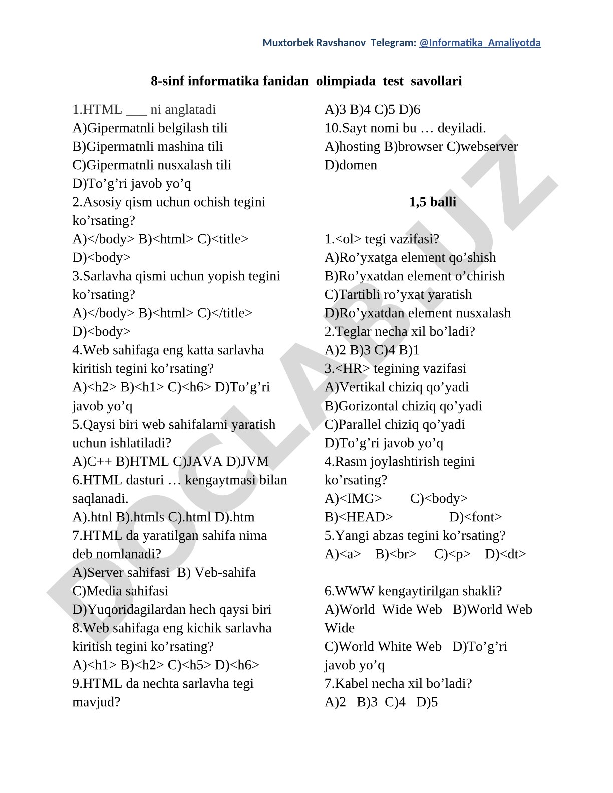 8-sinf informatika fanidan olimpiada test savollari