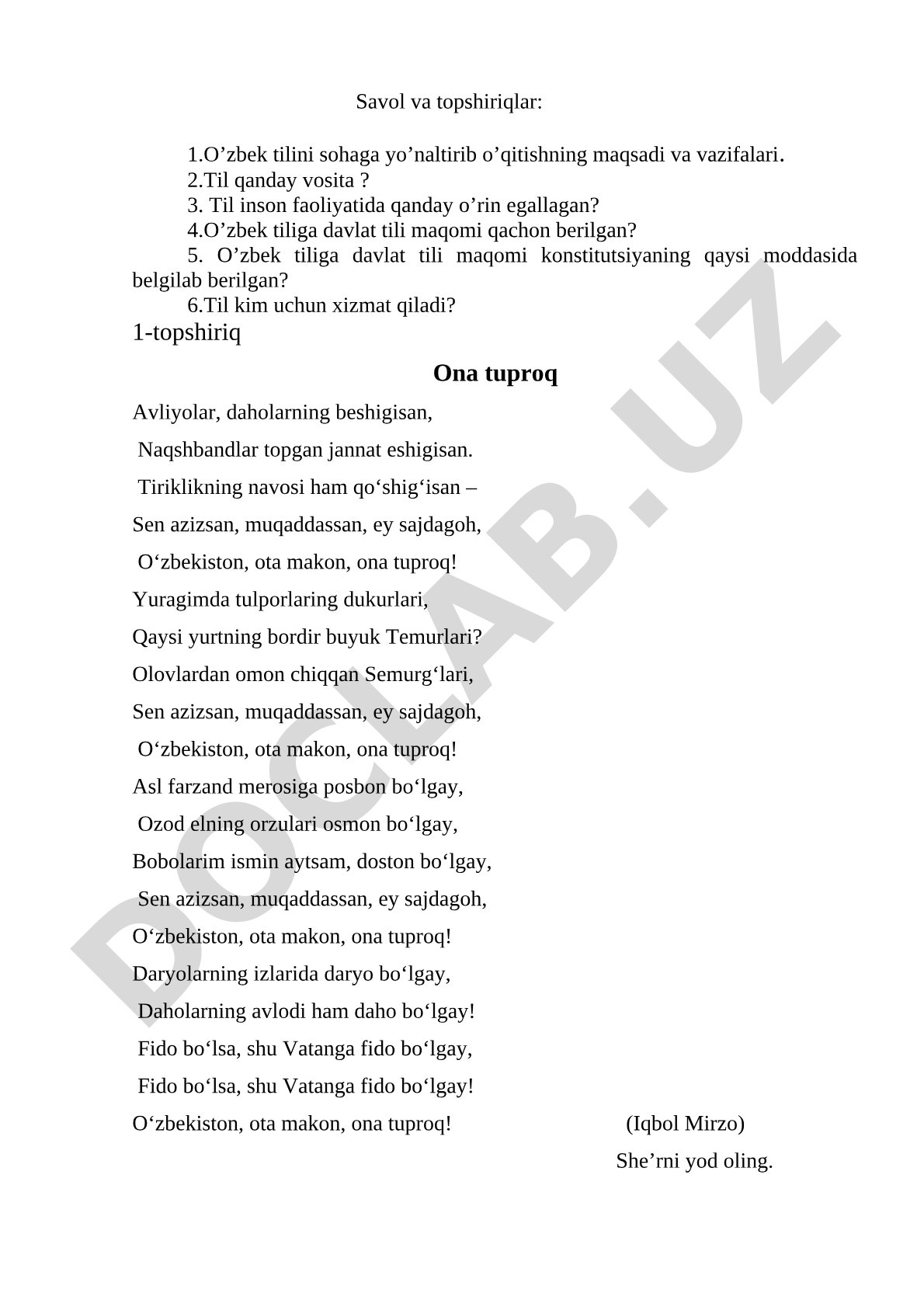 O'zbek tili davlat tili maqomi va 'Ona tuproq' she'ri