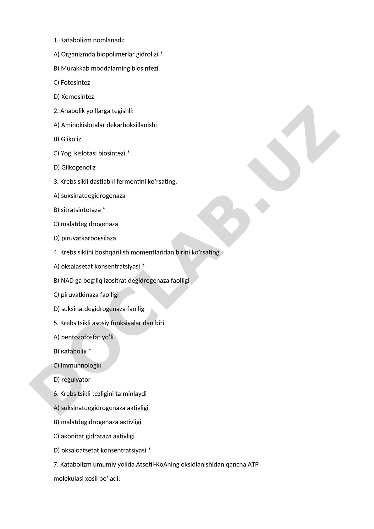 Katabolizm va Krebs sikli test savollari