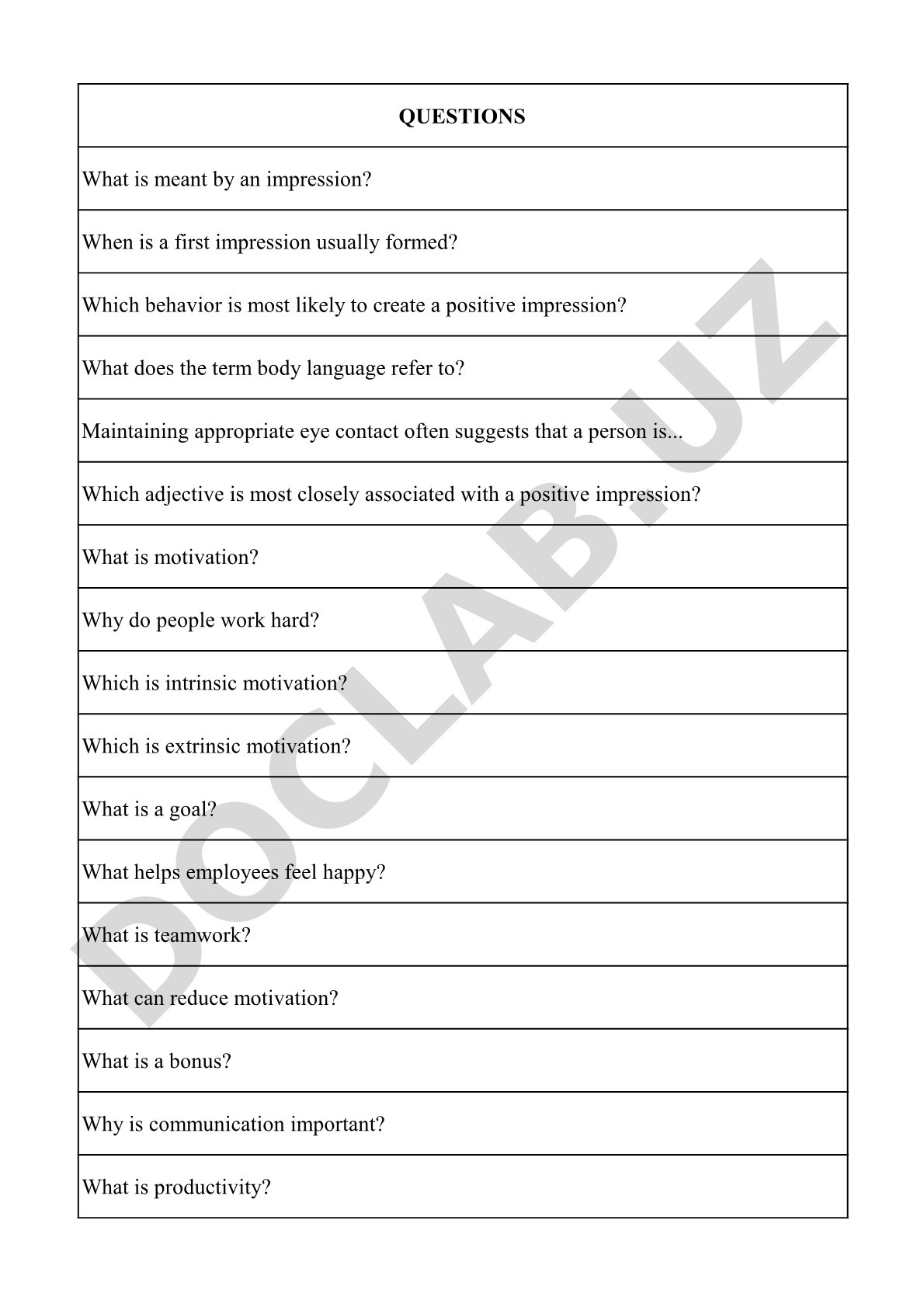 Questions about impressions, motivation, teamwork, and project management