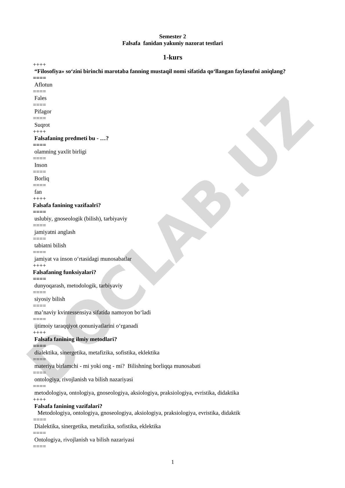 Semester 2 Falsafa fanidan yakuniy nazorat testlari 1-kurs