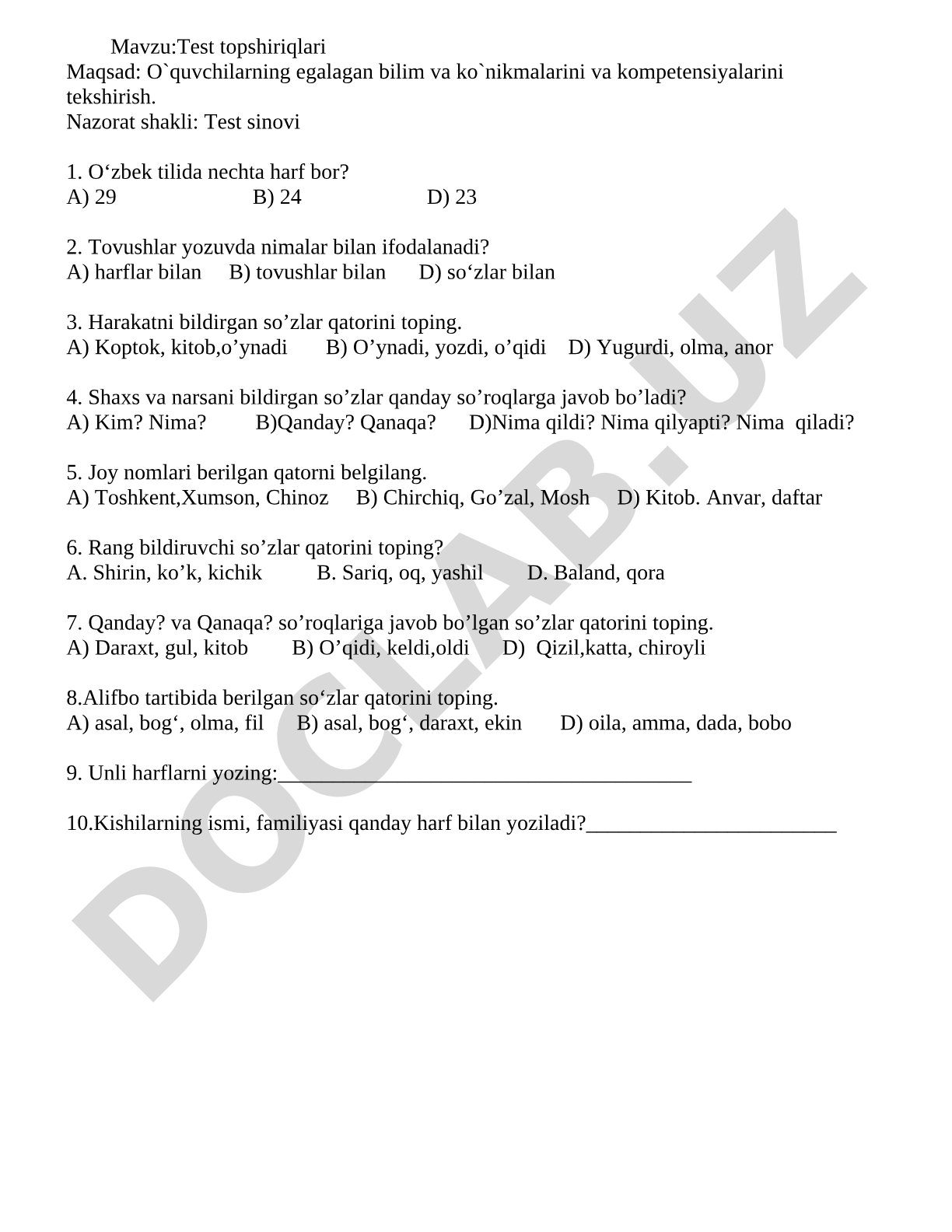 O'quvchilarning bilim va ko'nikmalarini tekshirish uchun test savollari