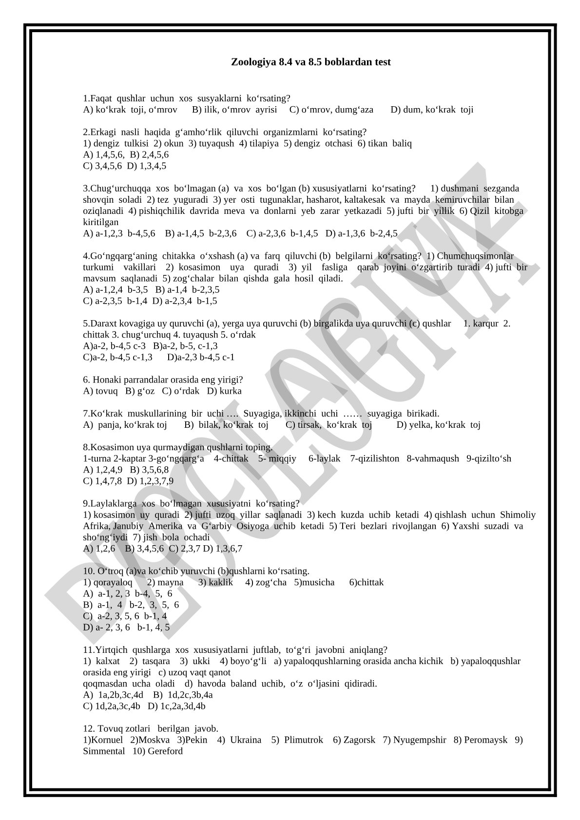 Zoologiya 8.4 va 8.5 boblardan test