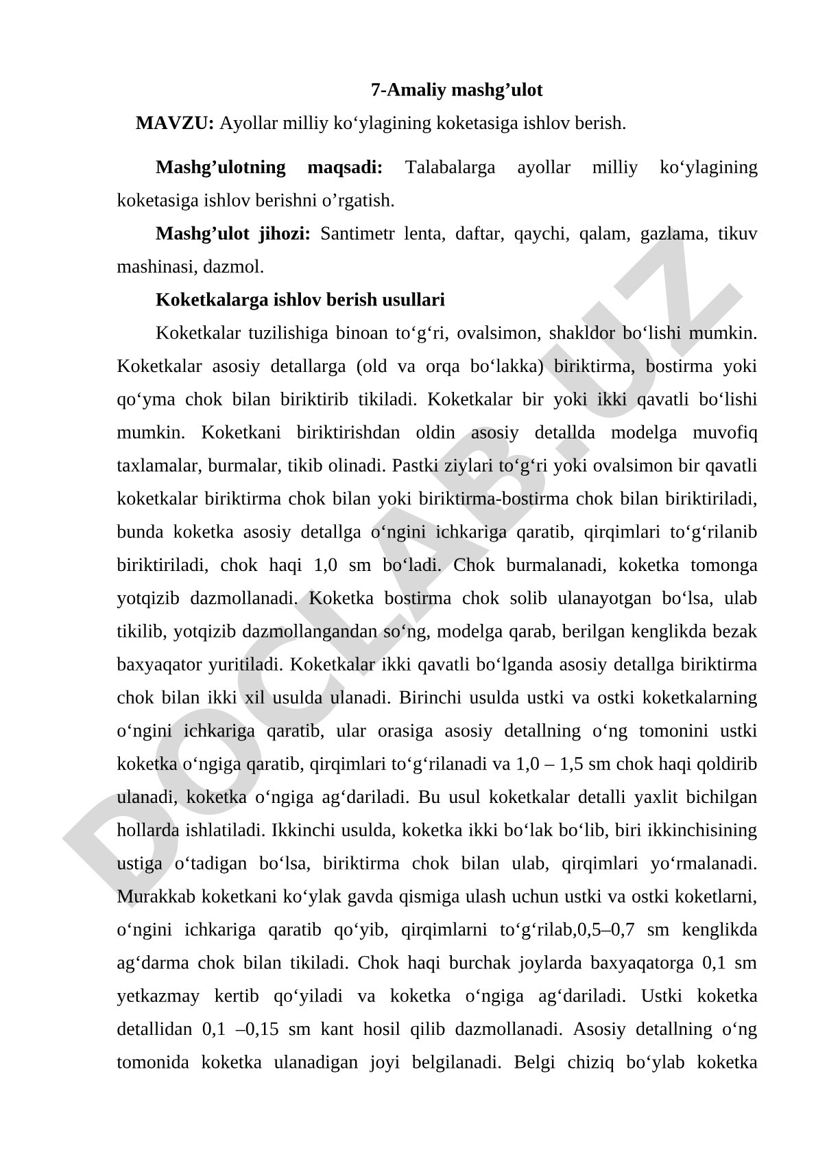 Ayollar milliy ko'ylagining koketasiga ishlov berish