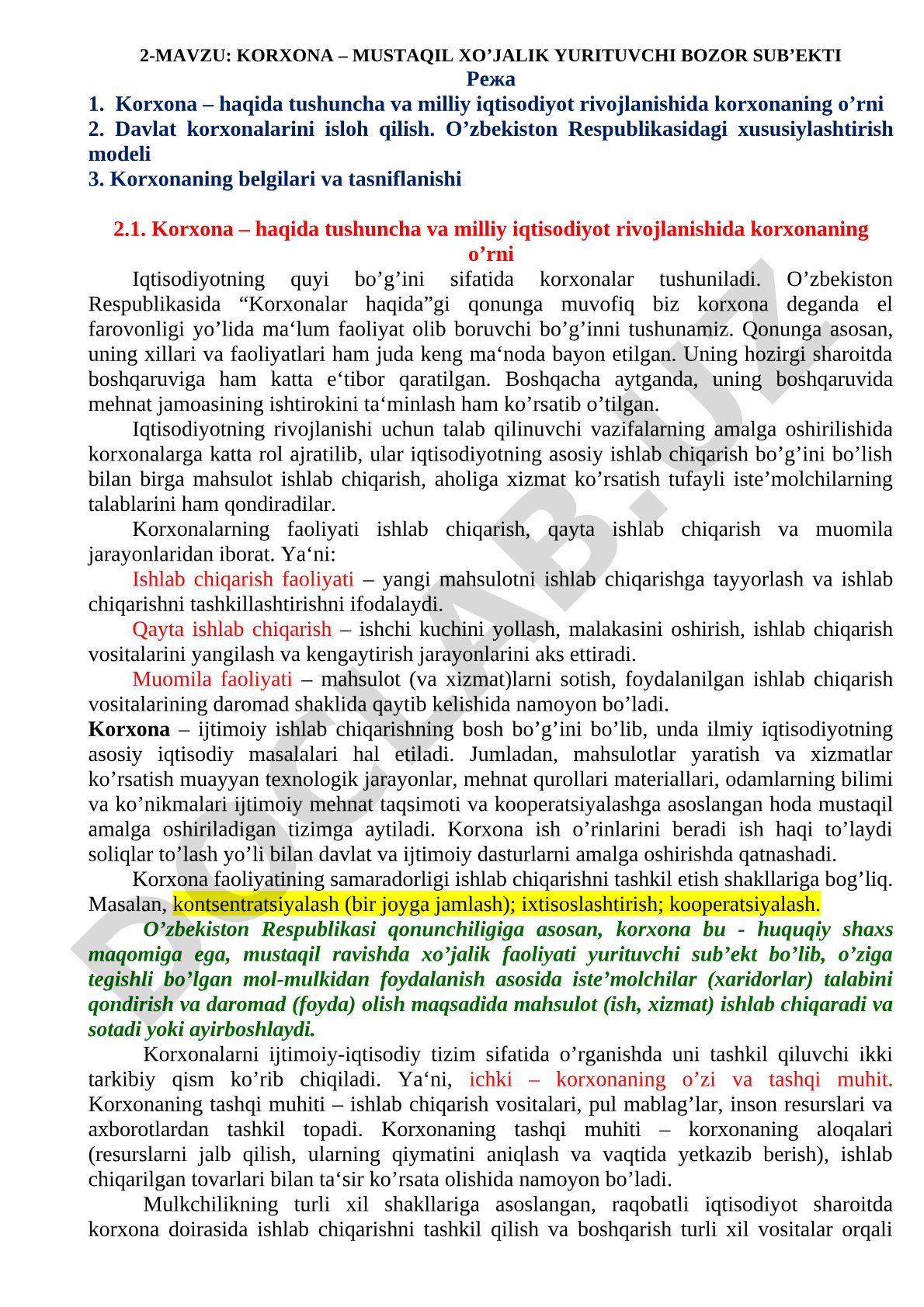 Korxona – mustaqil xo'jalik yurituvchi bozor sub'ekti