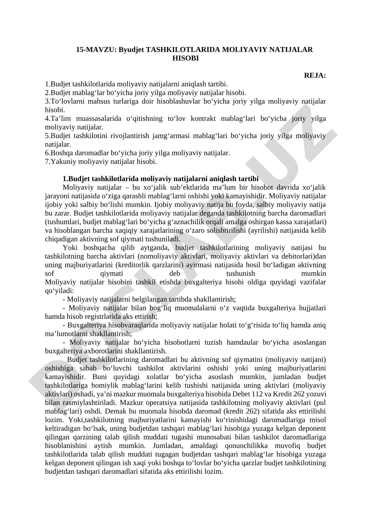Byudjet tashkilotlarida moliyaviy natijalar hisobi