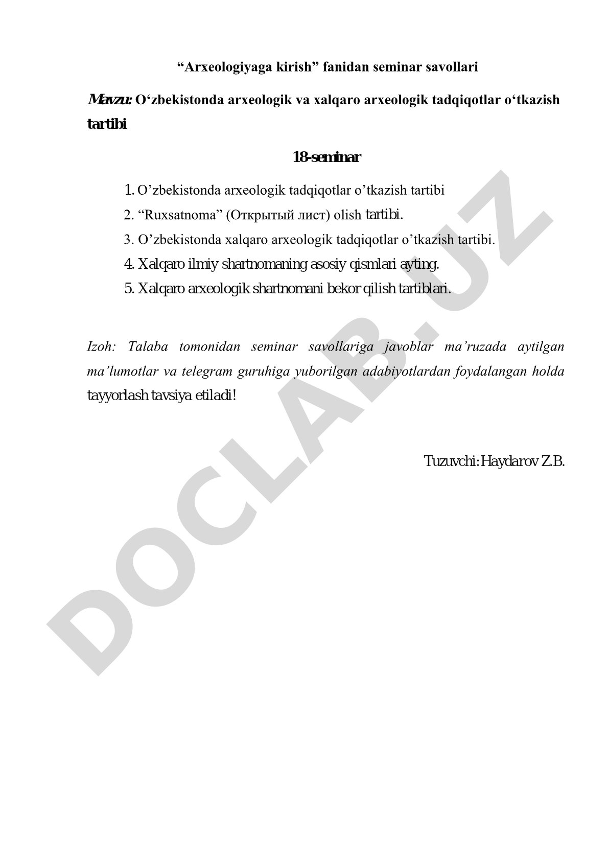 O‘zbekistonda arxeologik va xalqaro arxeologik tadqiqotlar o‘tkazish tartibi