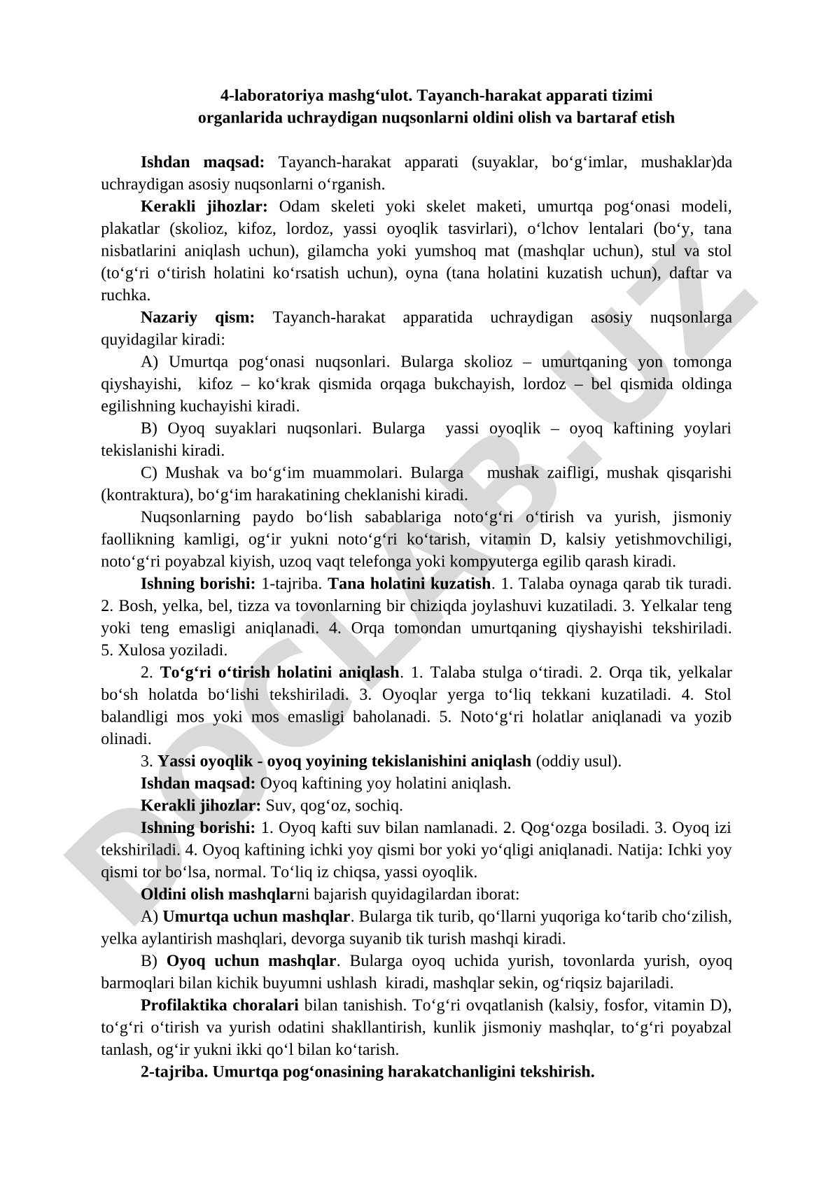 Tayanch-harakat apparati tizimi organlarida uchraydigan nuqsonlarni oldini olish va bartaraf etish