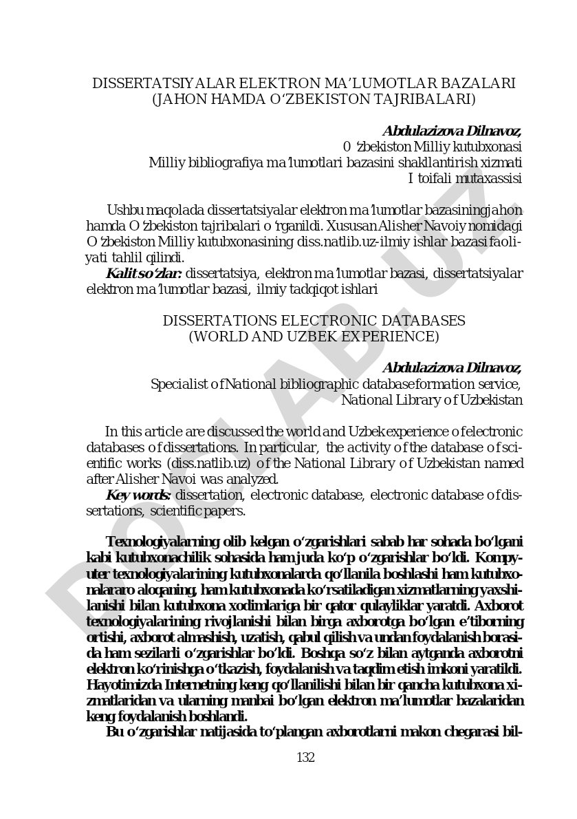 Dissertatsiyalar elektron ma’lumotlar bazalari (Jahon hamda O‘zbekiston tajribalari)
