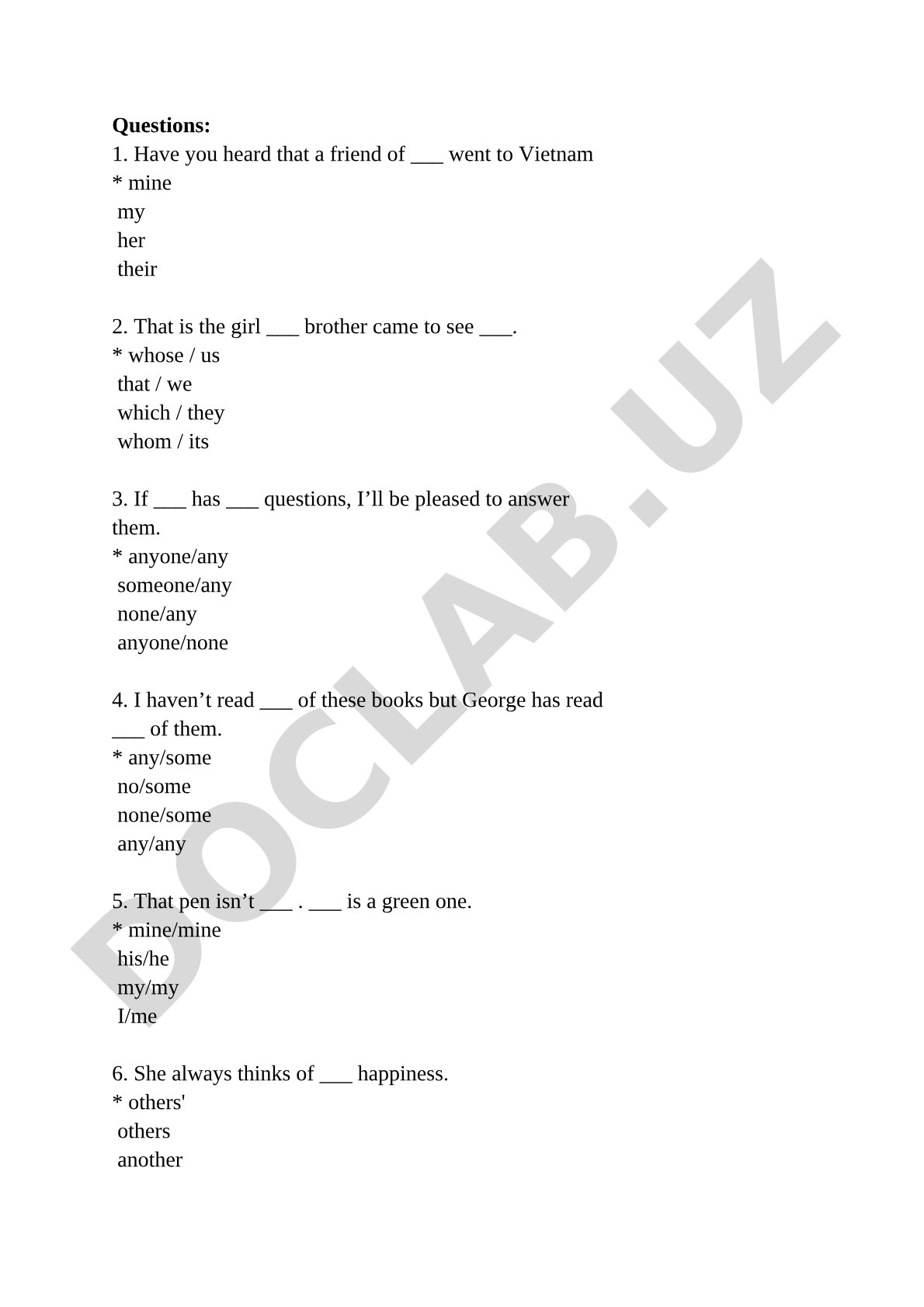 Ingliz tili grammatik test savollari