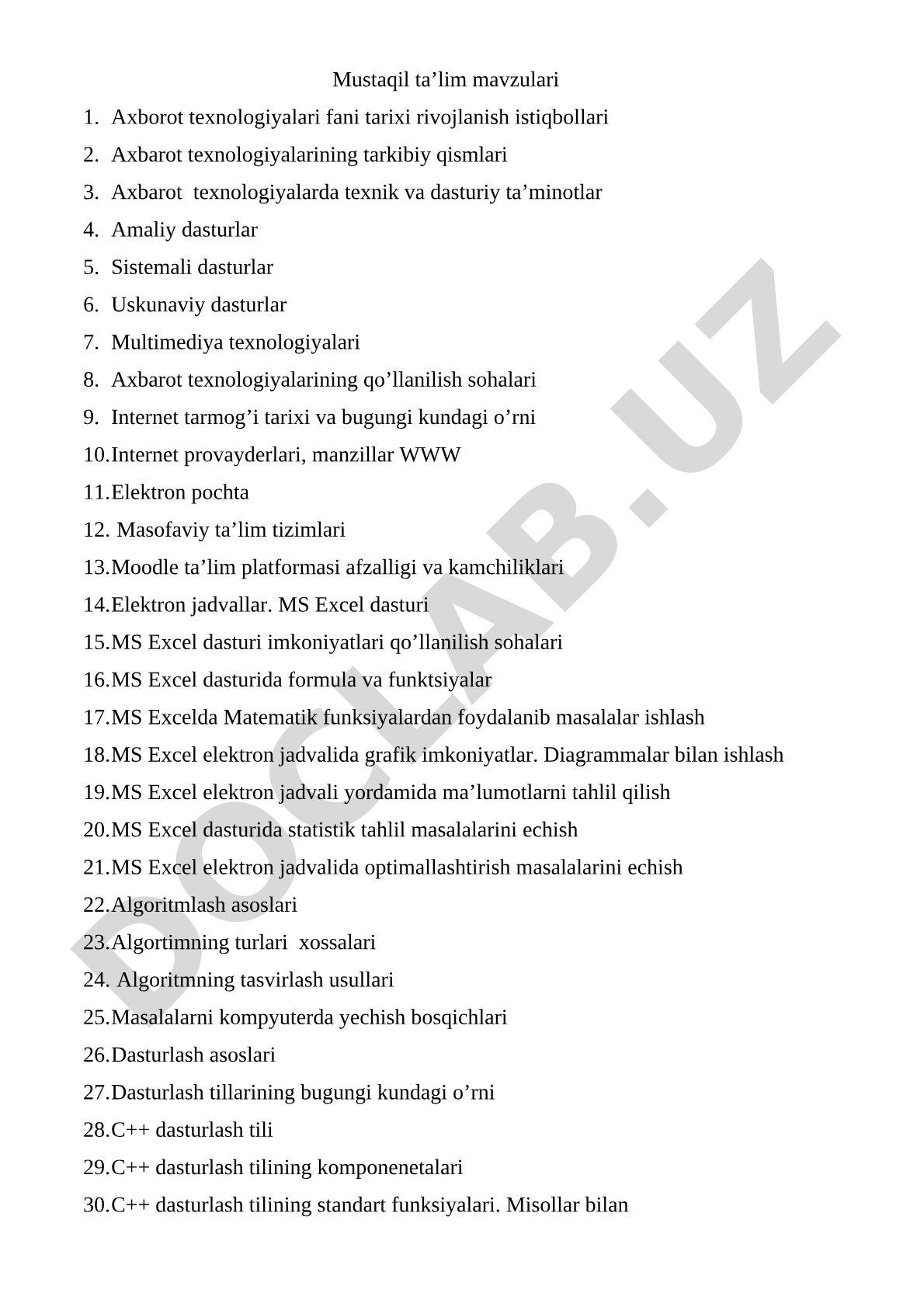 Axborot texnologiyalari fanidan mustaqil ta'lim mavzulari