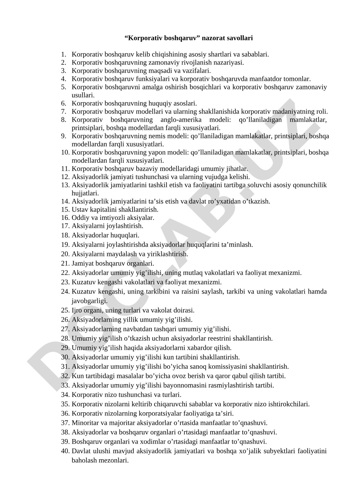 Korporativ boshqaruv nazorat savollari