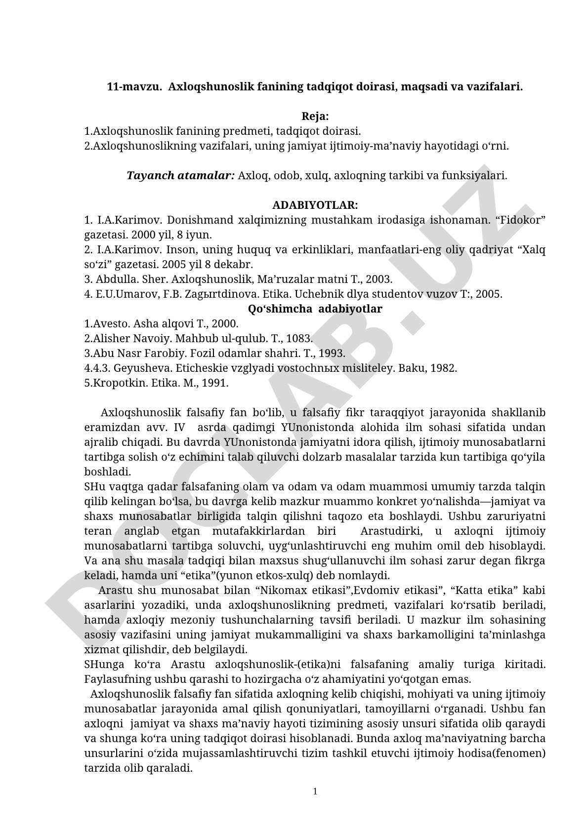 Axloqshunoslik fanining tadqiqot doirasi, maqsadi va vazifalari