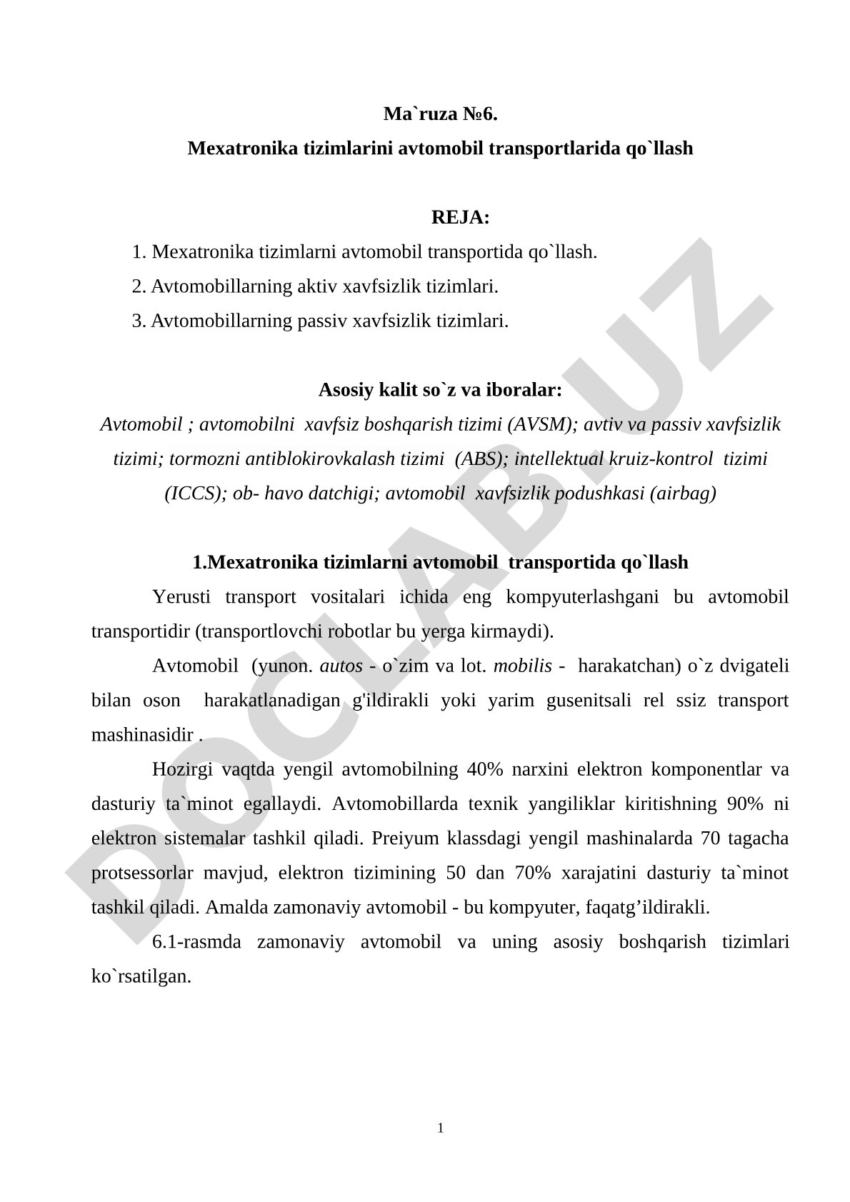 Mexatronika tizimlarini avtomobil transportlarida qo`llash