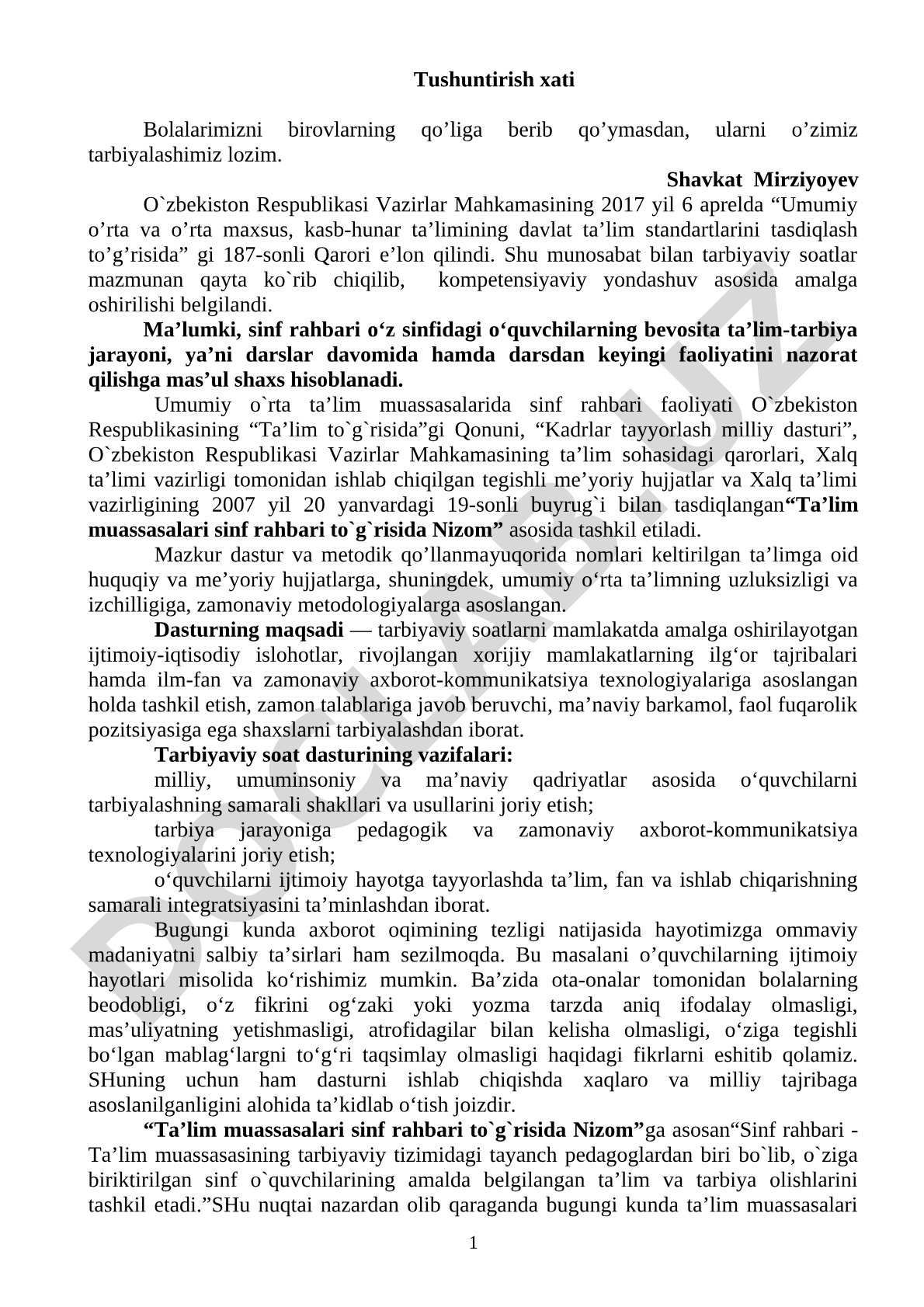 Sinf rahbari faoliyati va tarbiyaviy ishlarni tashkil etish
