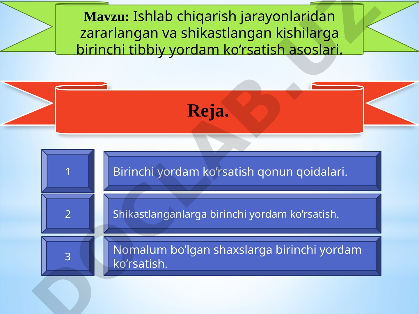 Ishlab chiqarish jarayonlaridan zararlangan va shikastlangan kishilarga birinchi tibbiy yordam ko’rsatish asoslari