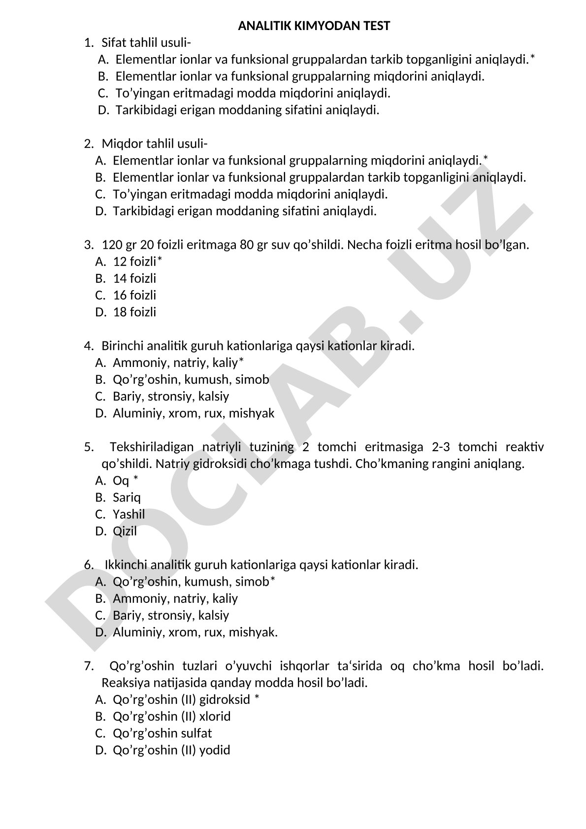 Analitik kimyo fanidan test savollari: tahlil usullari, kationlar, eritmalar