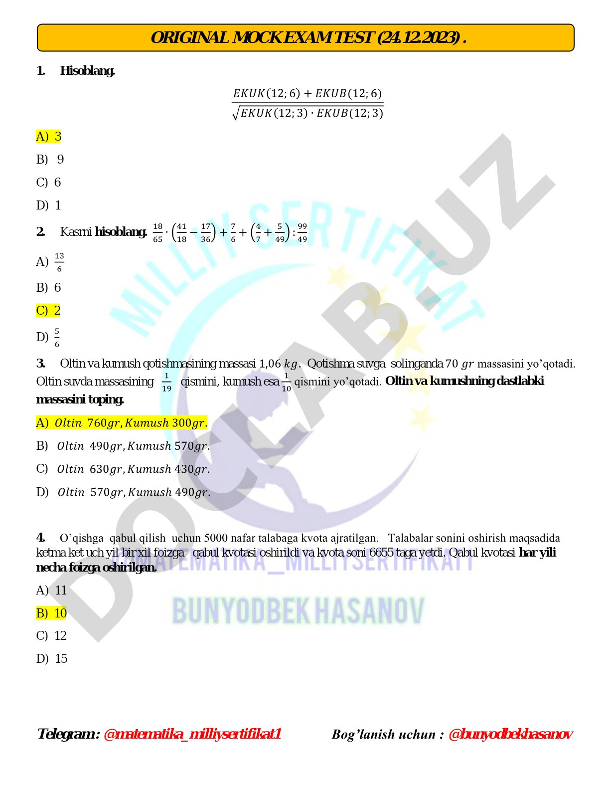 Matematika milliy sertifikat mock imtihon testi (24.12.2023)