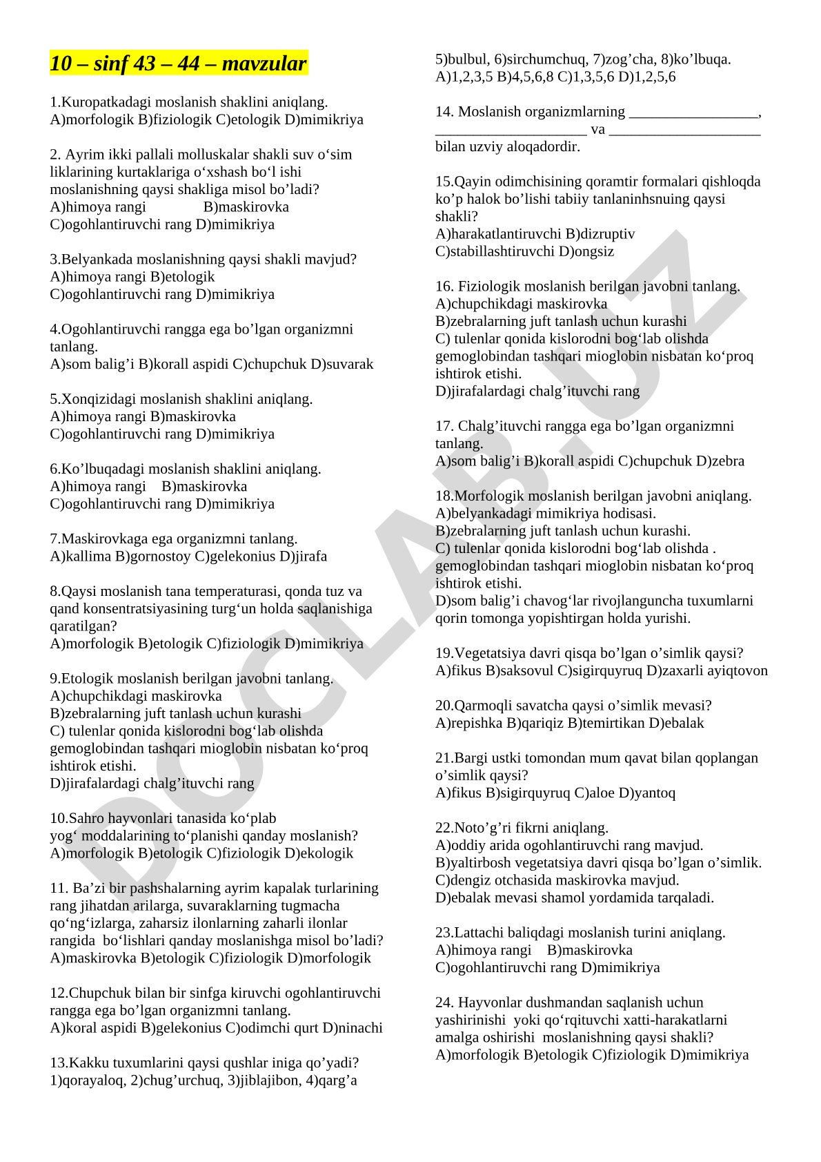 10-sinf biologiya moslanish shakllari
