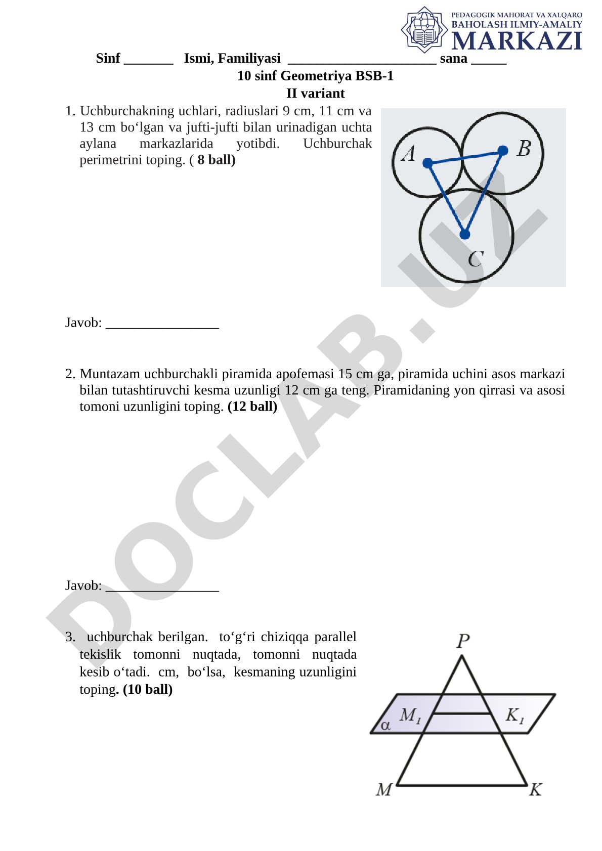 10-sinf geometriya BSB-1 II variant testi