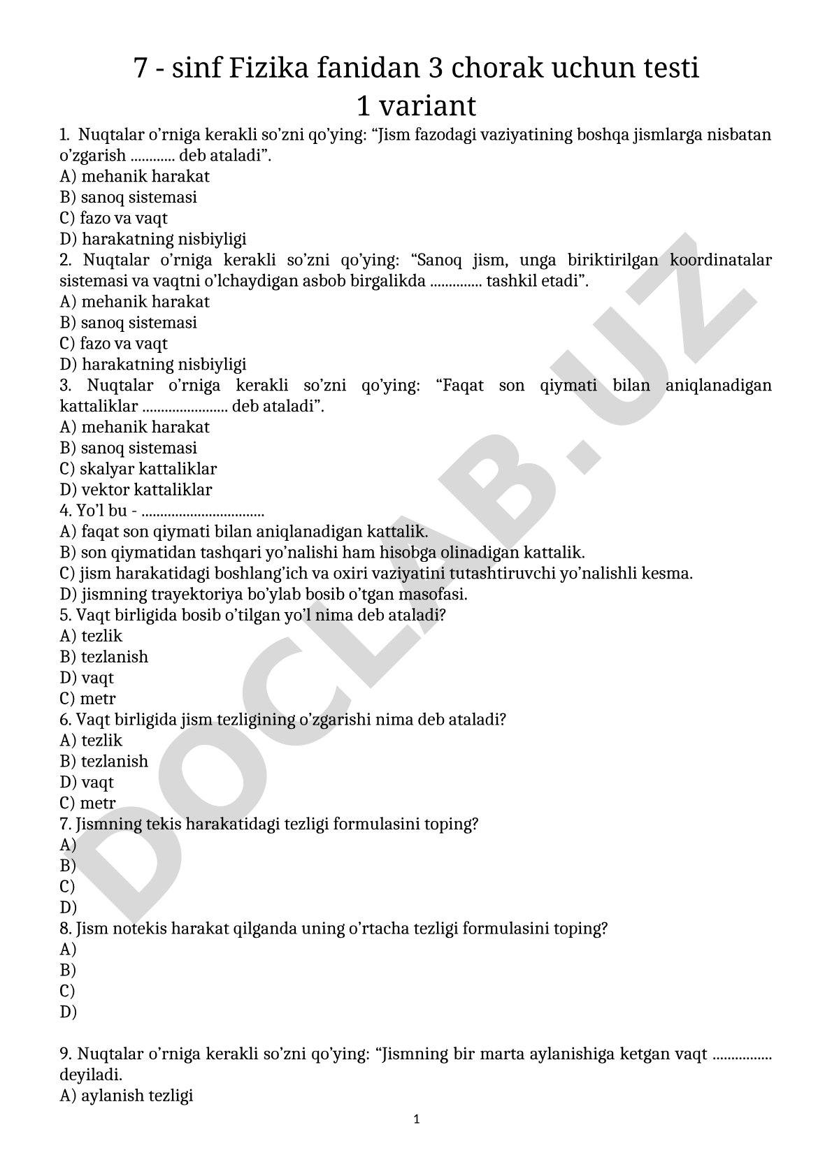 7 - sinf Fizika fanidan 3 chorak uchun testi 1 variant