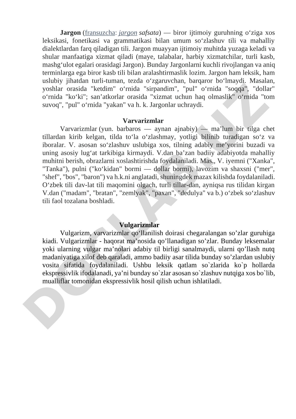 Jargon va varvarizmlar tushunchalari, misollar bilan izohlangan