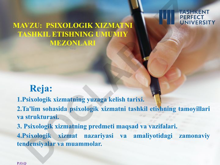 Psixologik xizmatni tashkil etishning umumiy mezonlari