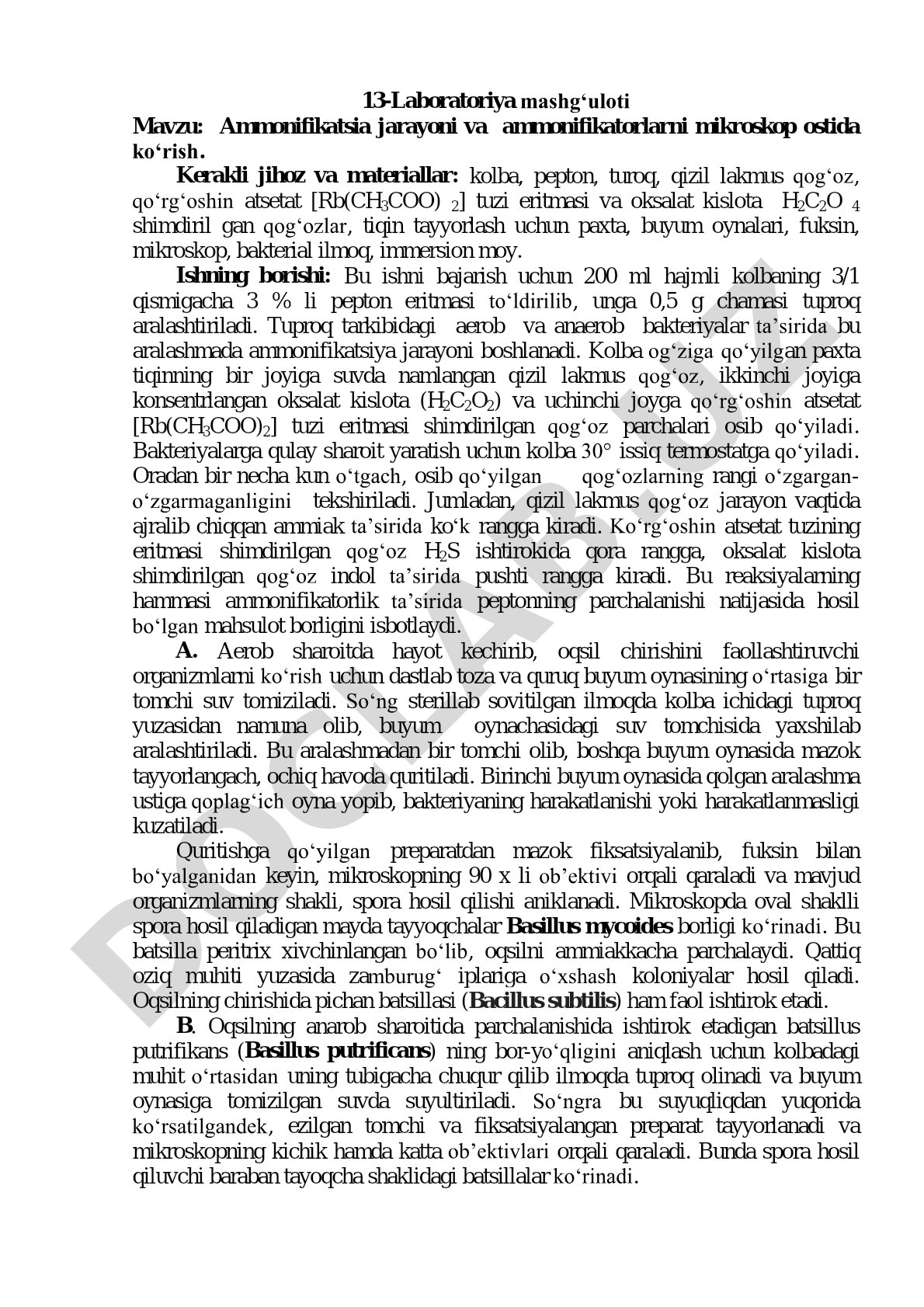 Ammonifikatsia jarayoni va ammonifikatorlarni mikroskop ostida ko‘rish