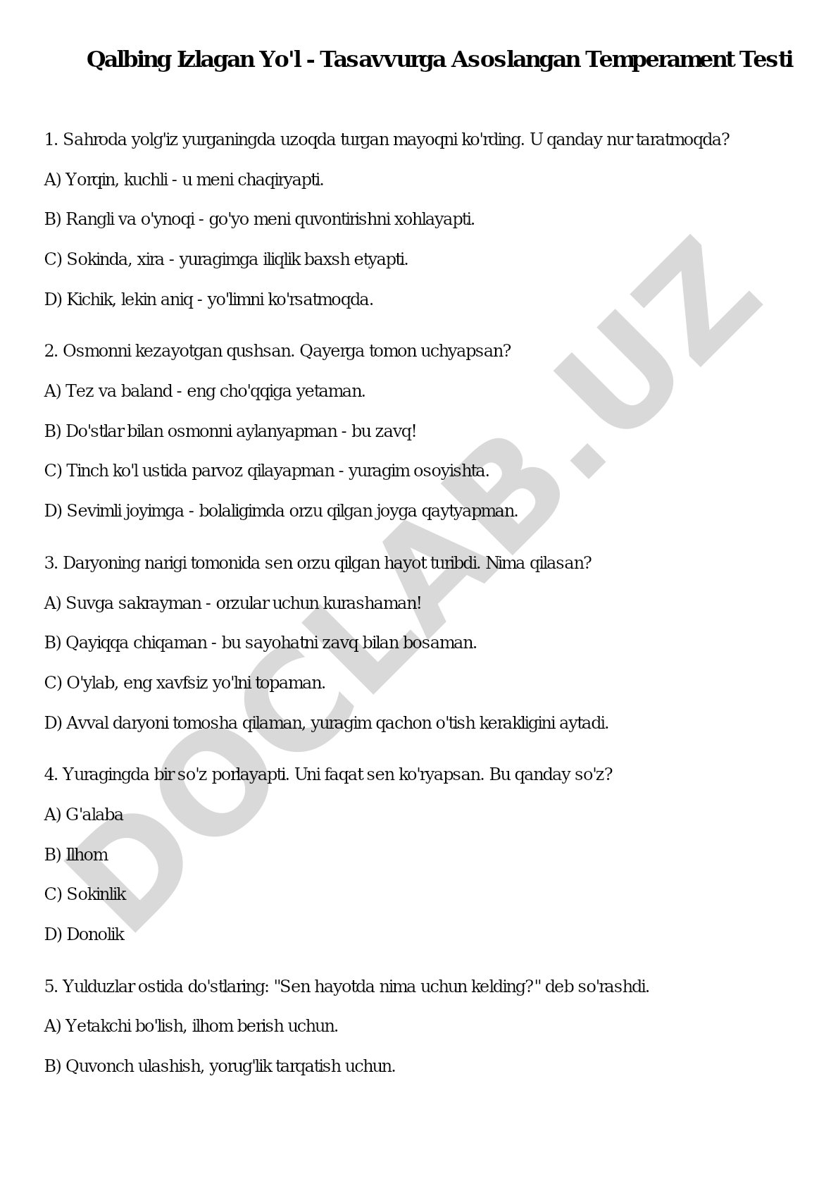 Qalbing Izlagan Yo'l - Tasavvurga Asoslangan Temperament Testi