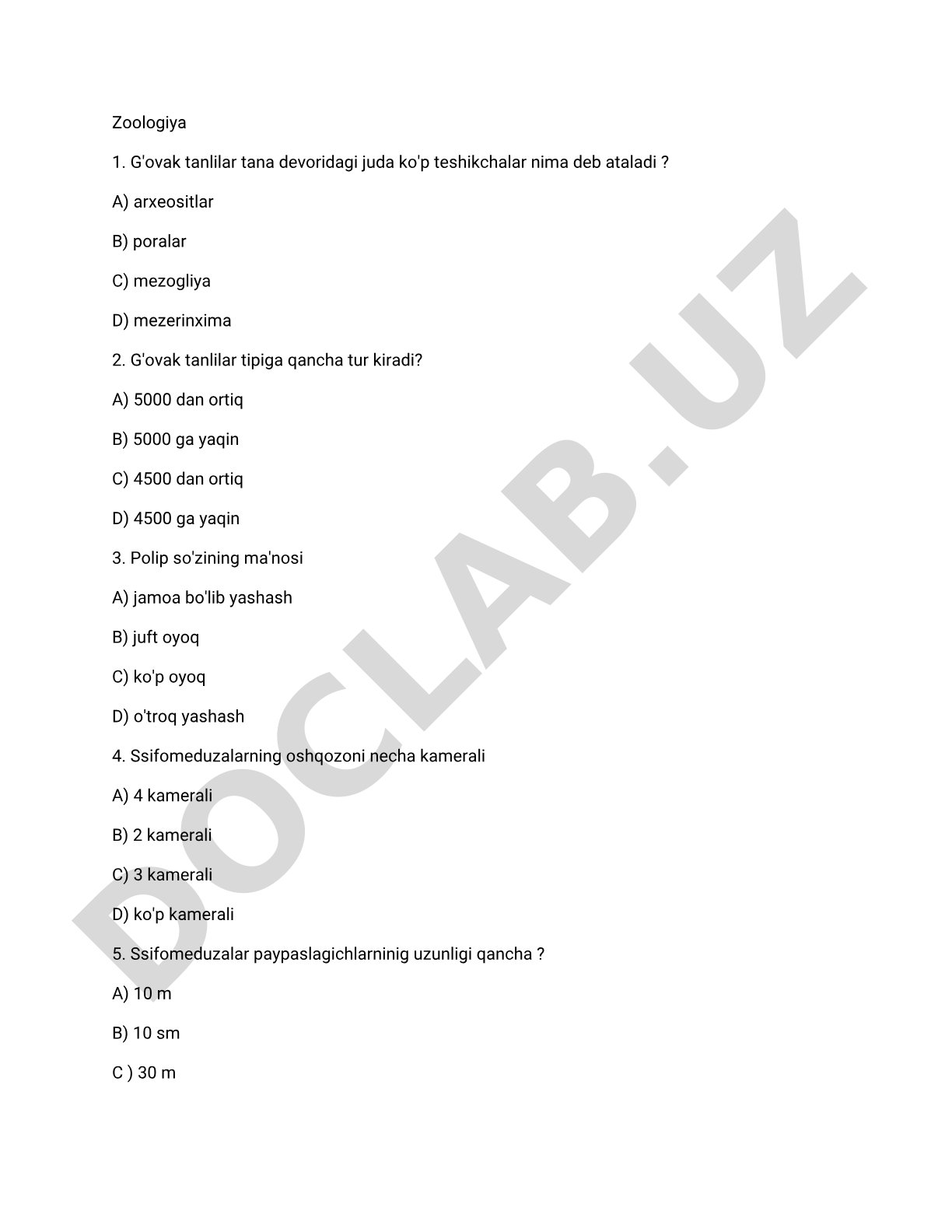 Zoologiya fanidan test savollari