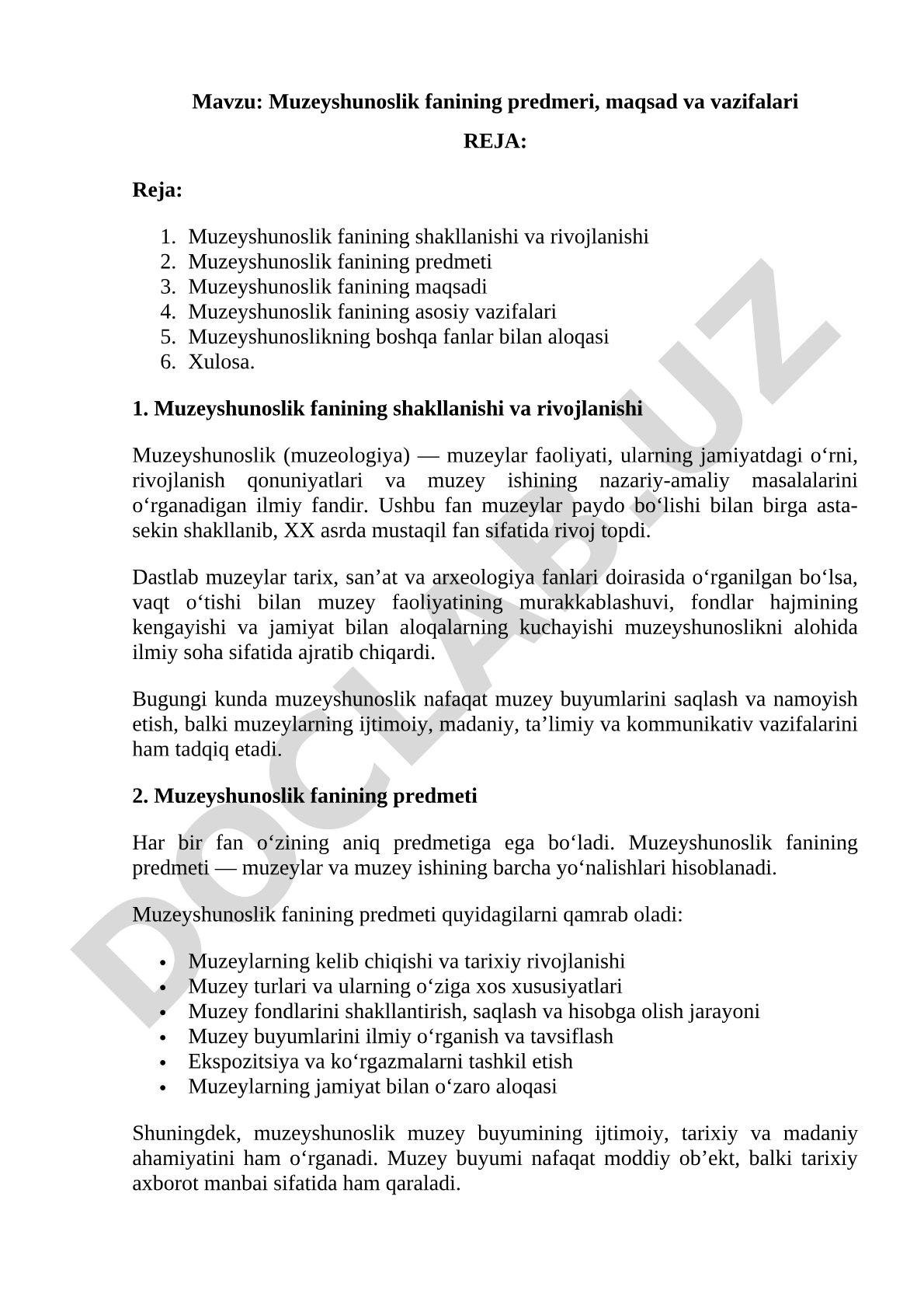 Muzeyshunoslik fanining predmeti, maqsad va vazifalari