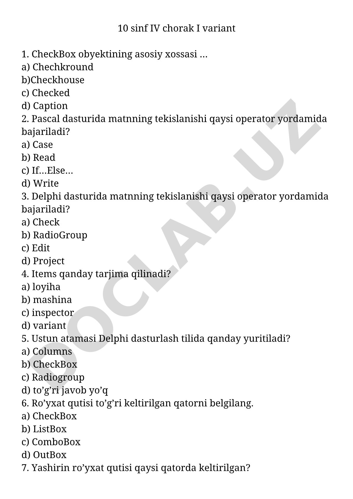 10 sinf IV chorak I variant
