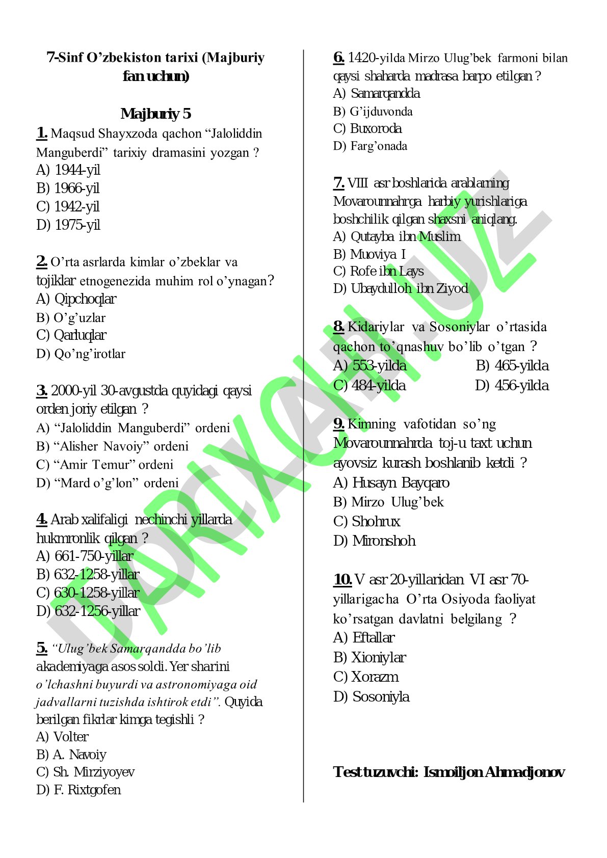 7-sinf O'zbekiston tarixi bo'yicha test savollari