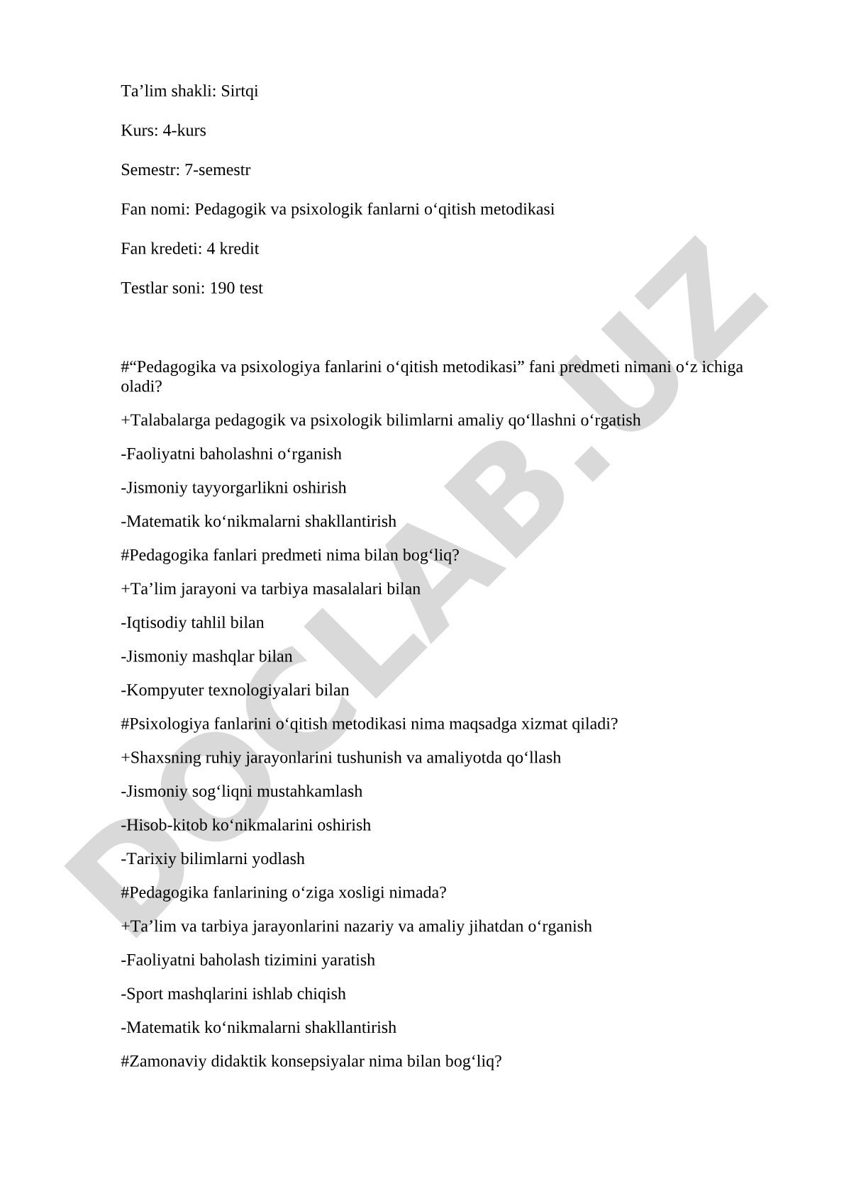 Pedagogik va psixologik fanlarni o‘qitish metodikasi