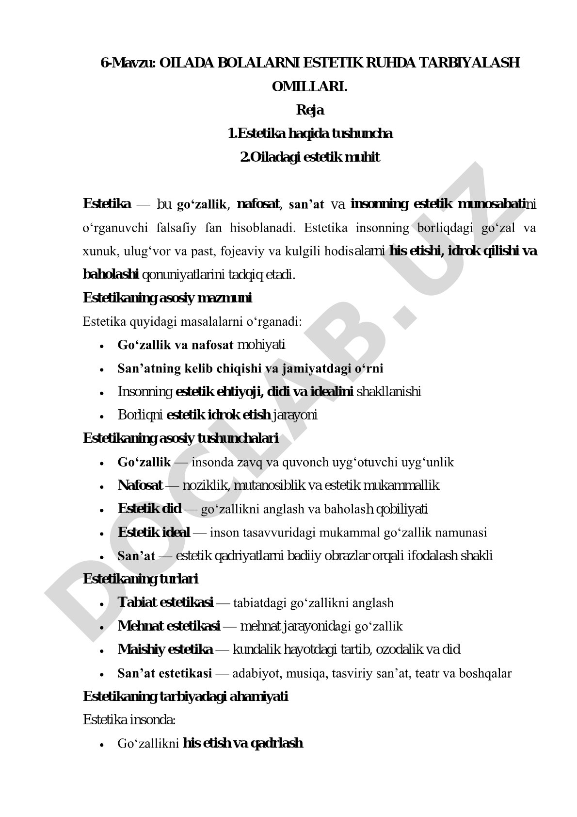 Oilada bolalarni estetik ruhda tarbiyalash omillari