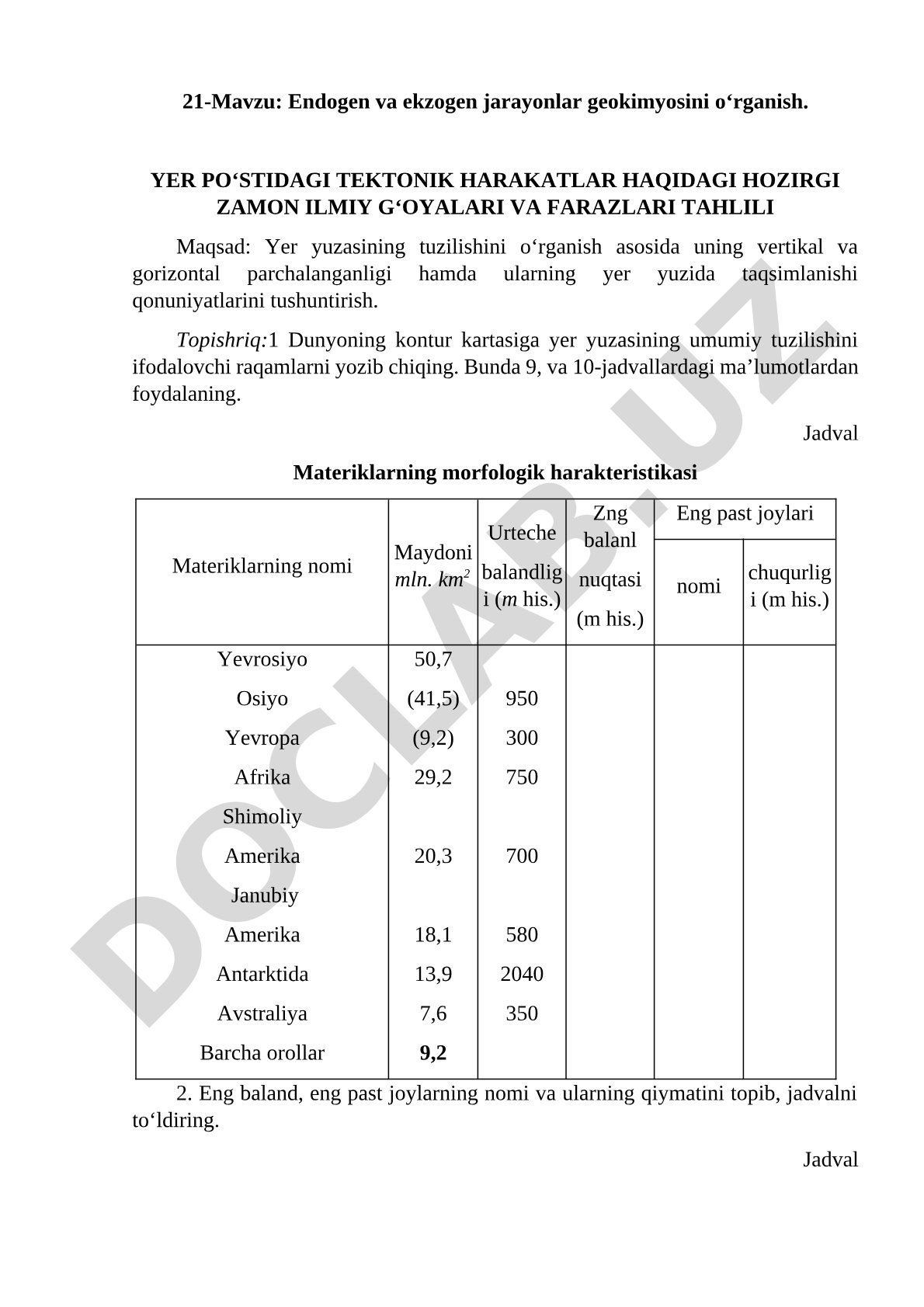 Endogen va ekzogen jarayonlar geokimyosini o‘rganish. Yer po‘stidagi tektonik harakatlar haqidagi hozirgi zamon ilmiy g‘oyalari va farazlari tahlili