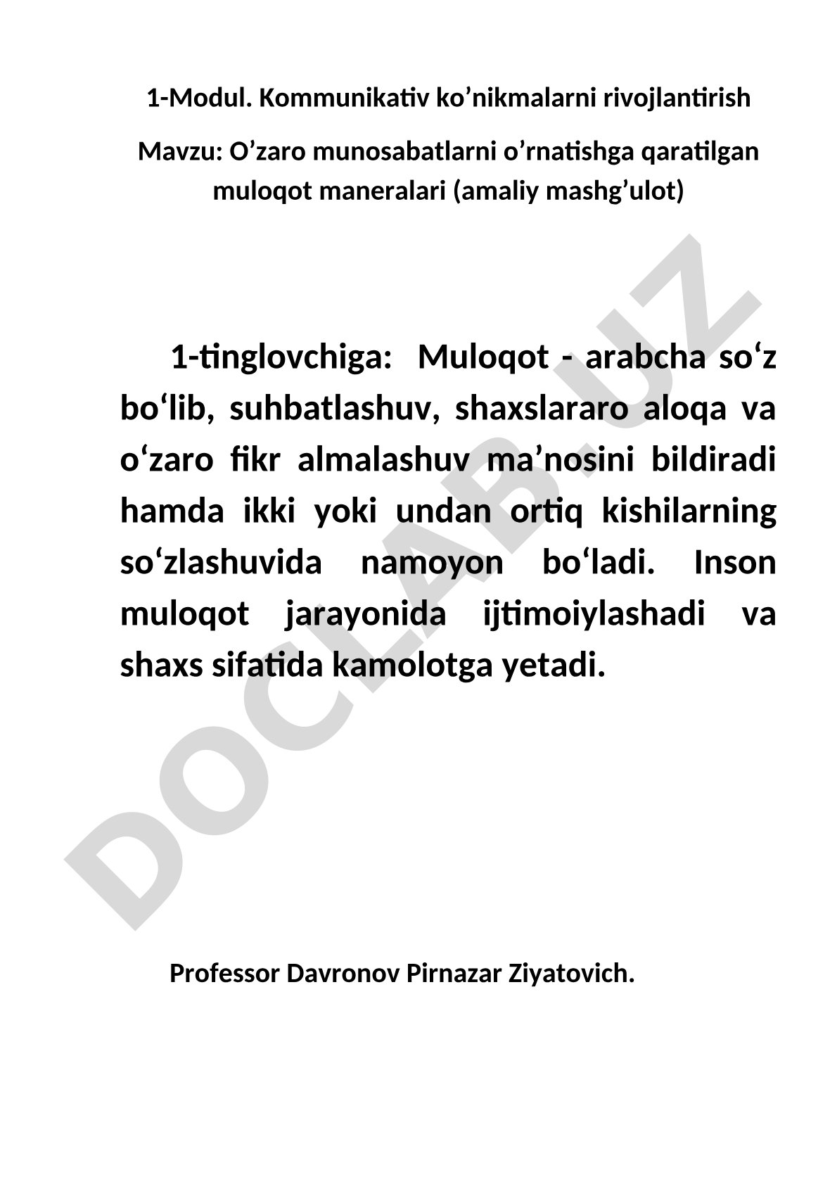 O’zaro munosabatlarni o’rnatishga qaratilgan muloqot maneralari (amaliy mashg’ulot)