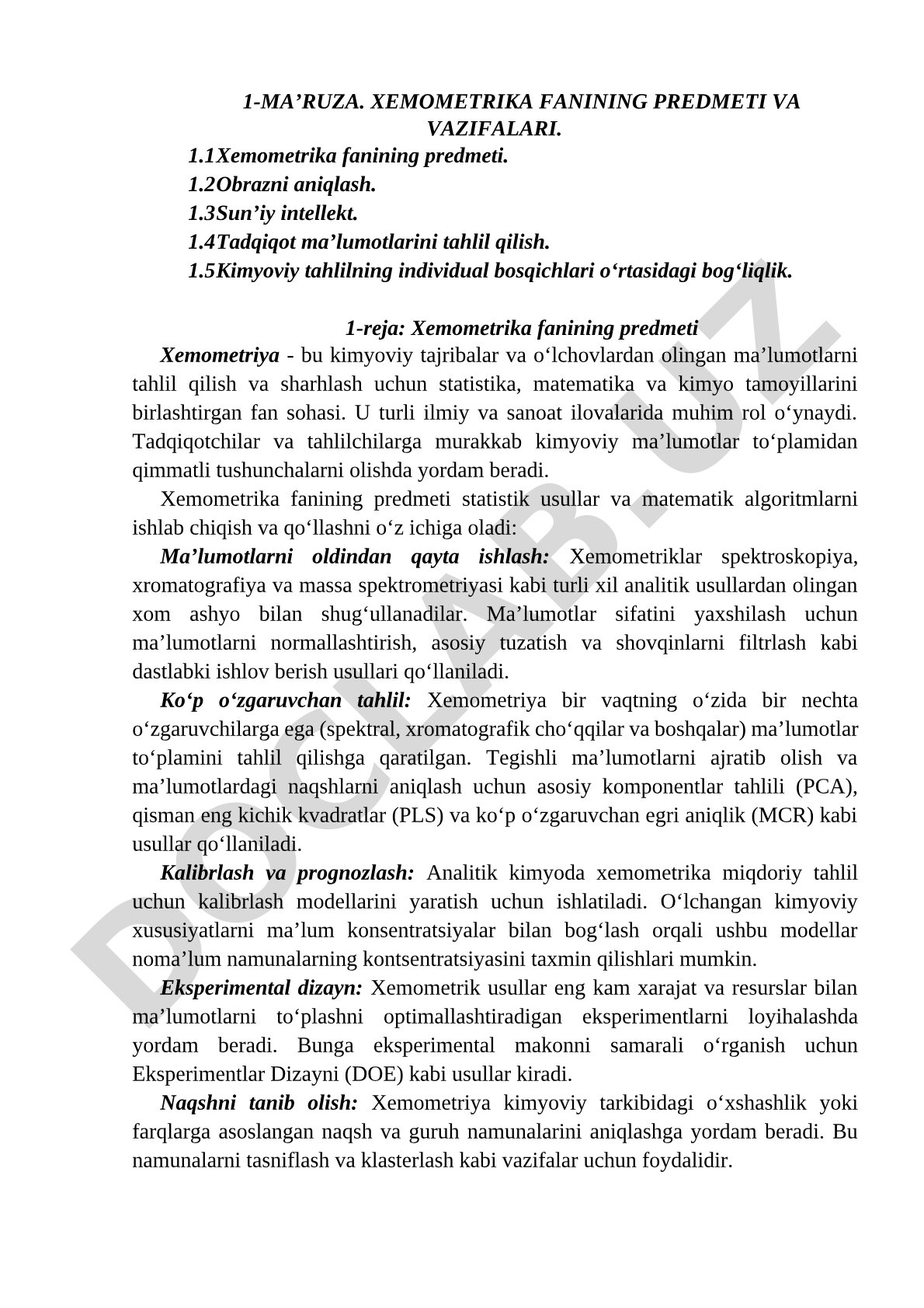 Xemometrika fanining predmeti va vazifalari