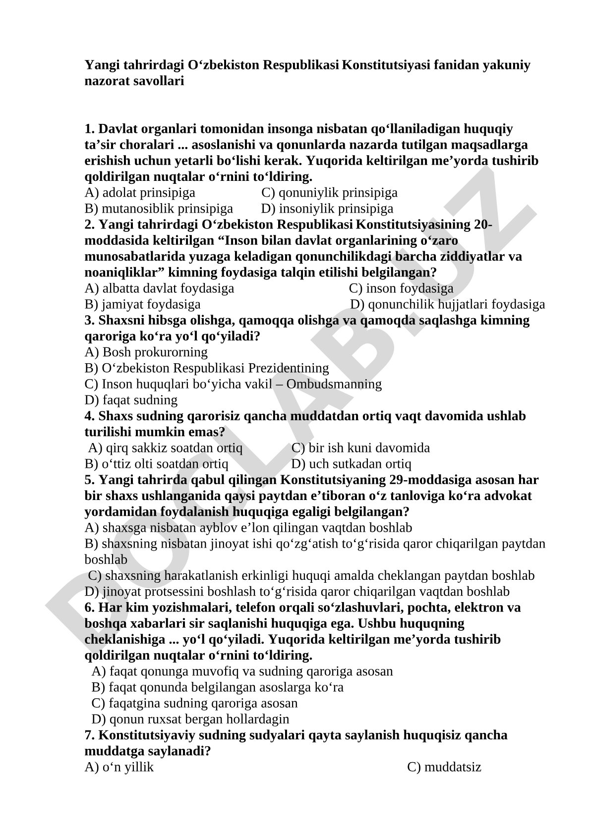 Yangi tahrirdagi O‘zbekiston Respublikasi Konstitutsiyasi fanidan yakuniy nazorat savollari