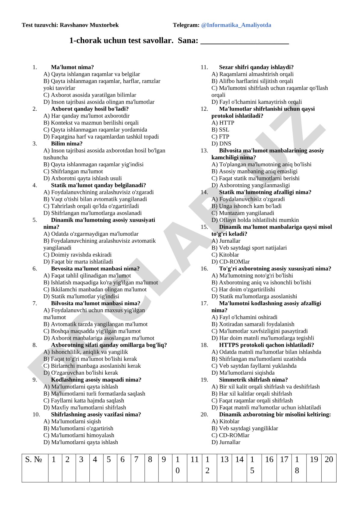 1-chorak uchun test savollar