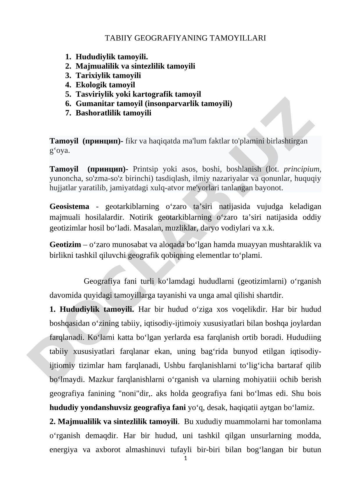 Tabiiy geografiyaning asosiy tamoyillari va geotizim tushunchalari haqida