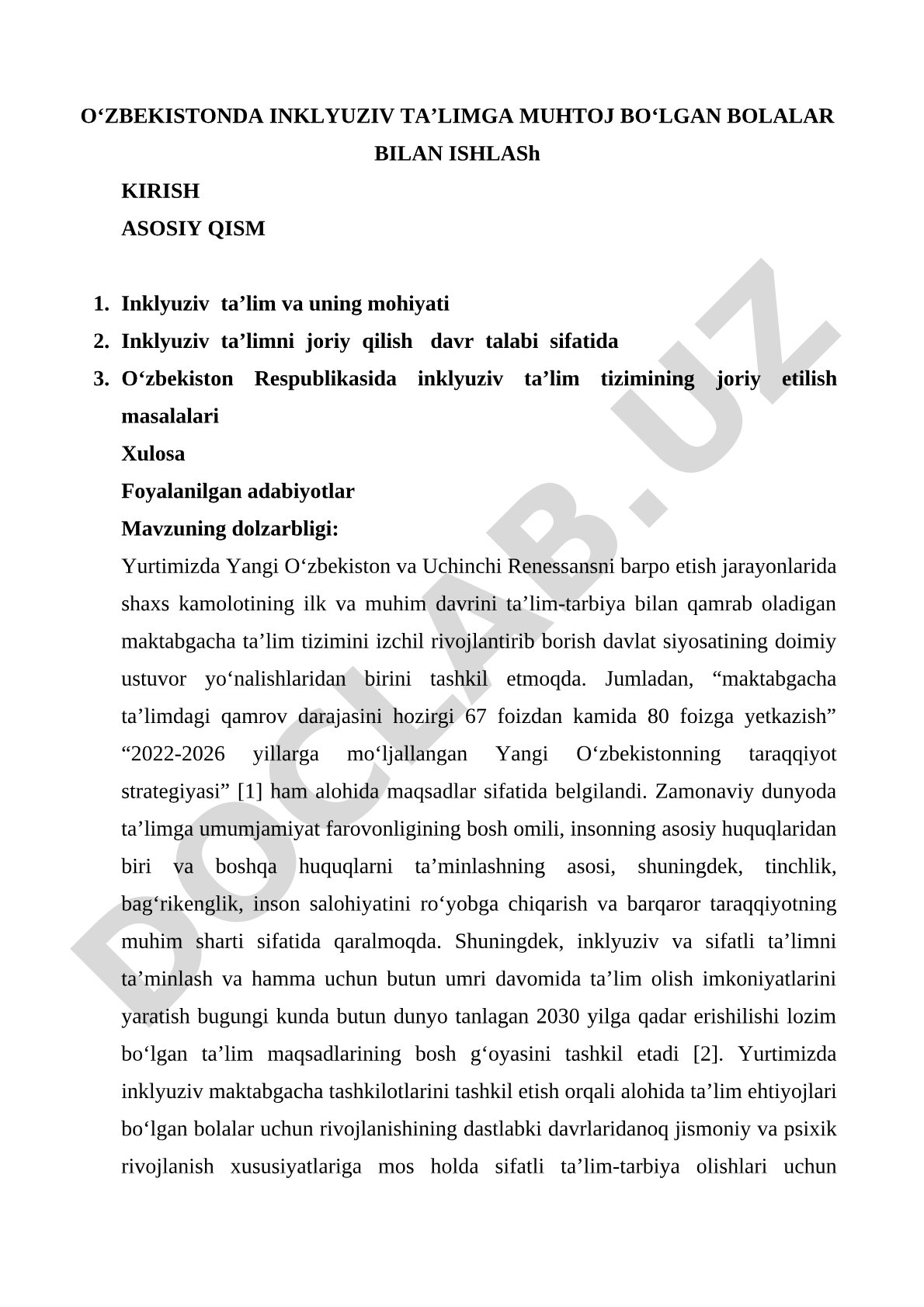 O‘zbekistonda inklyuziv ta’limga muhtoj bo‘lgan bolalar bilan ishlash