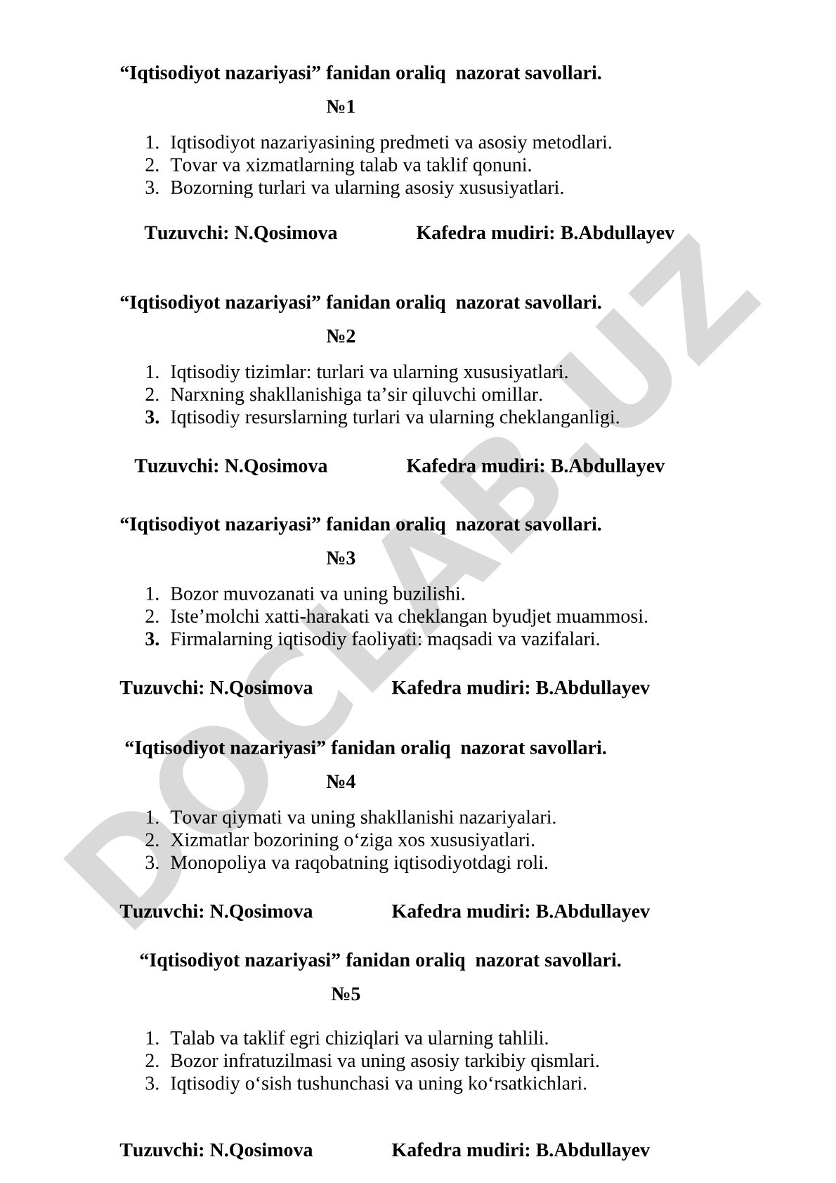 Iqtisodiyot nazariyasi fanidan oraliq nazorat savollari