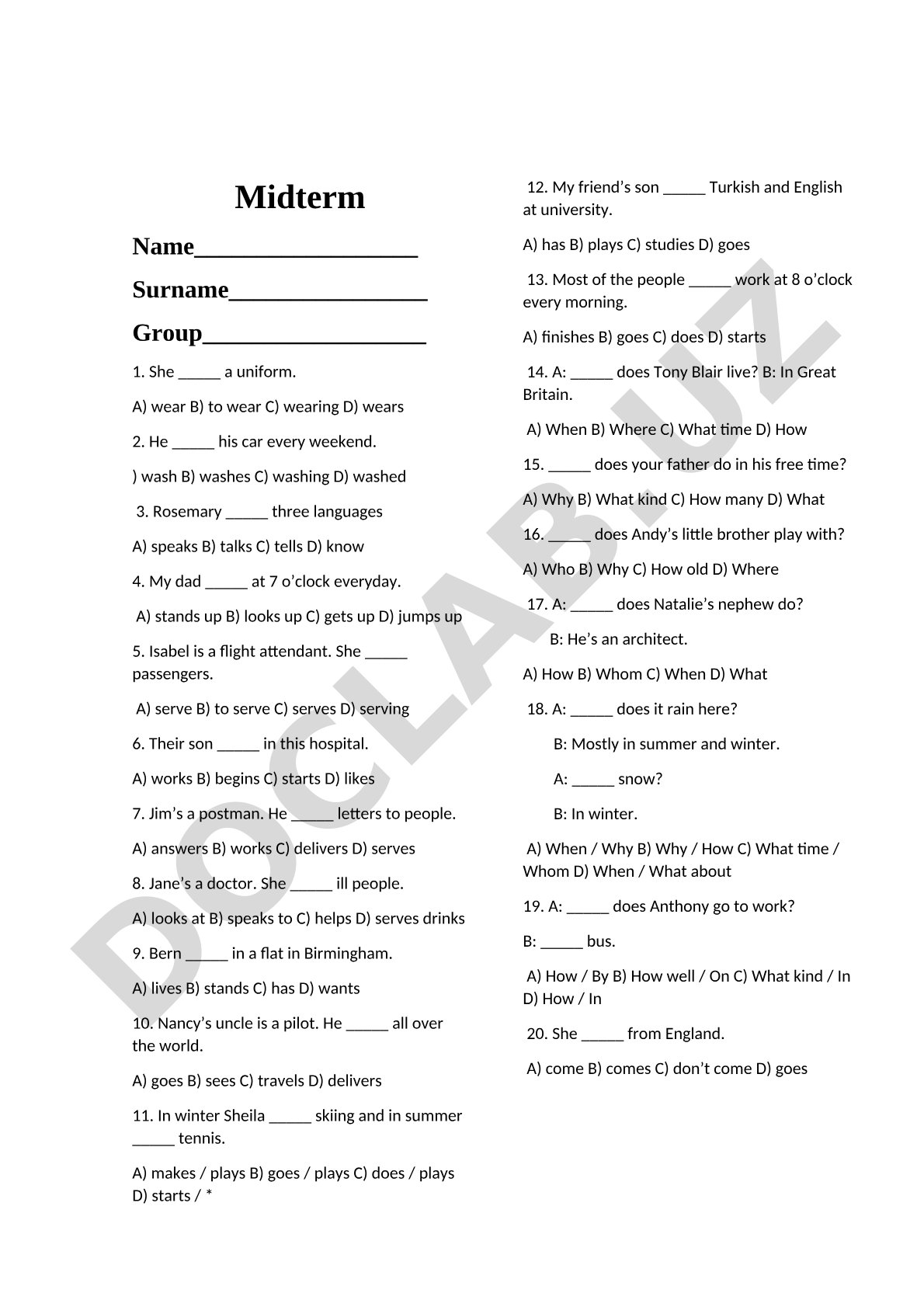 Midterm English Grammar Test