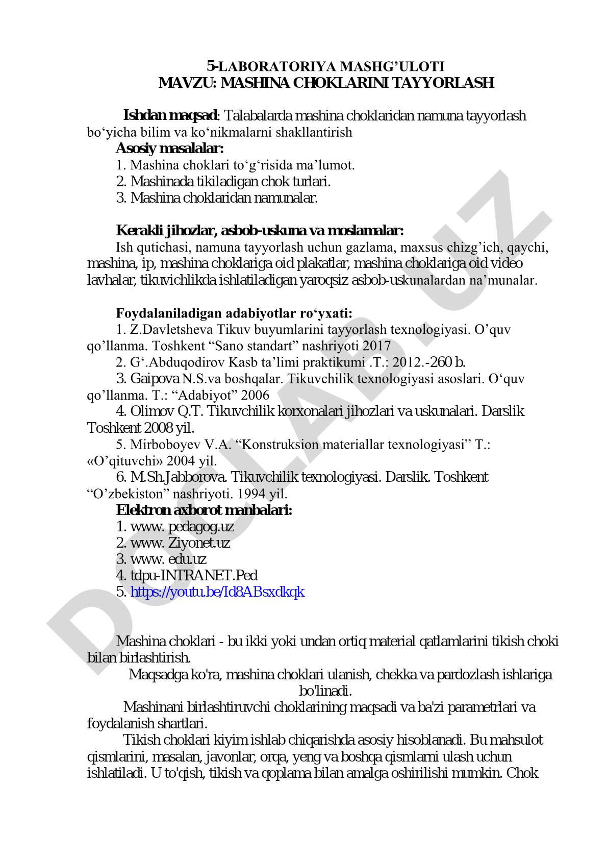 Mashina choklari turlari, namunalar tayyorlash bo'yicha laboratoriya mashg'uloti
