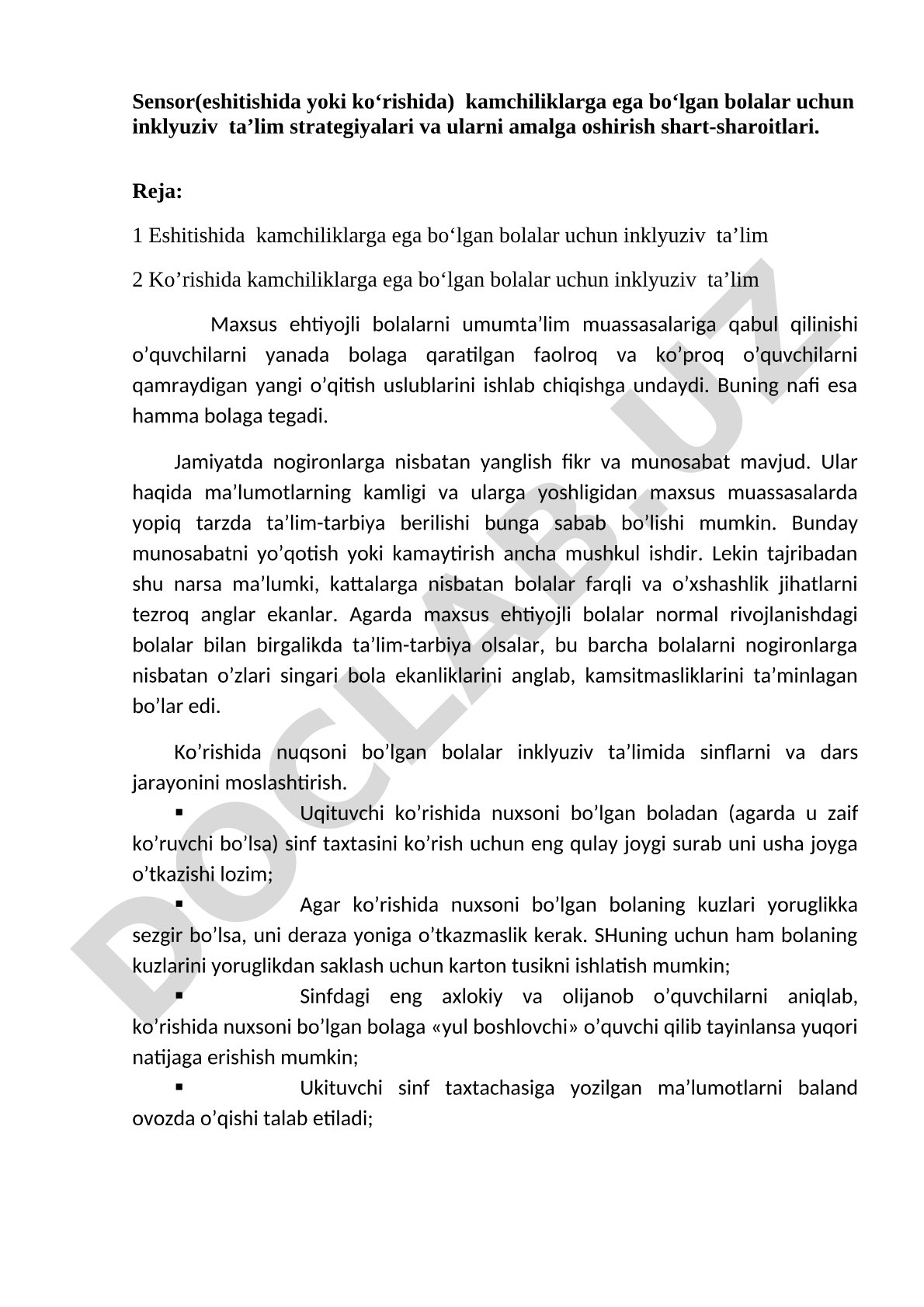 Eshitish va ko'rishida nuqsoni bo'lgan bolalar uchun inklyuziv ta'lim strategiyalari