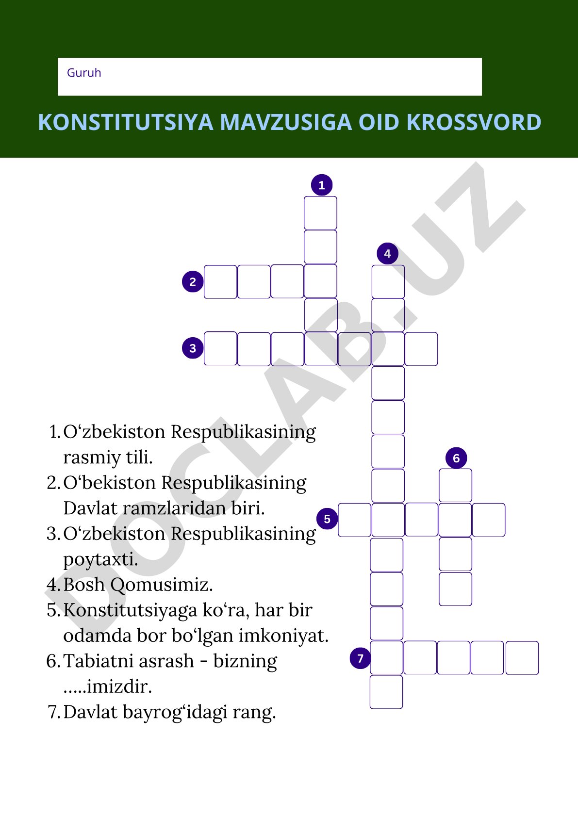 Konstitutsiya mavzusiga oid krossvord