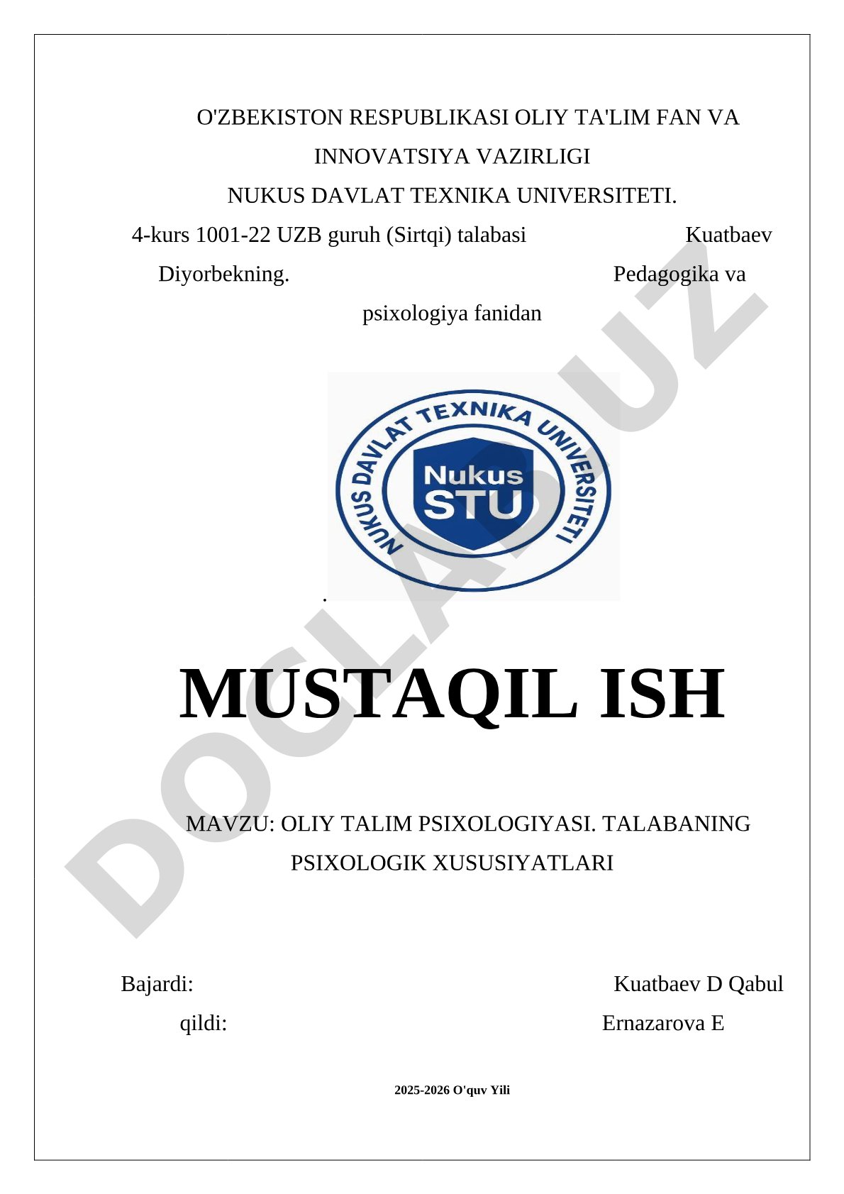 OLIY TALIM PSIXOLOGIYASI. TALABANING PSIXOLOGIK XUSUSIYATLARI
