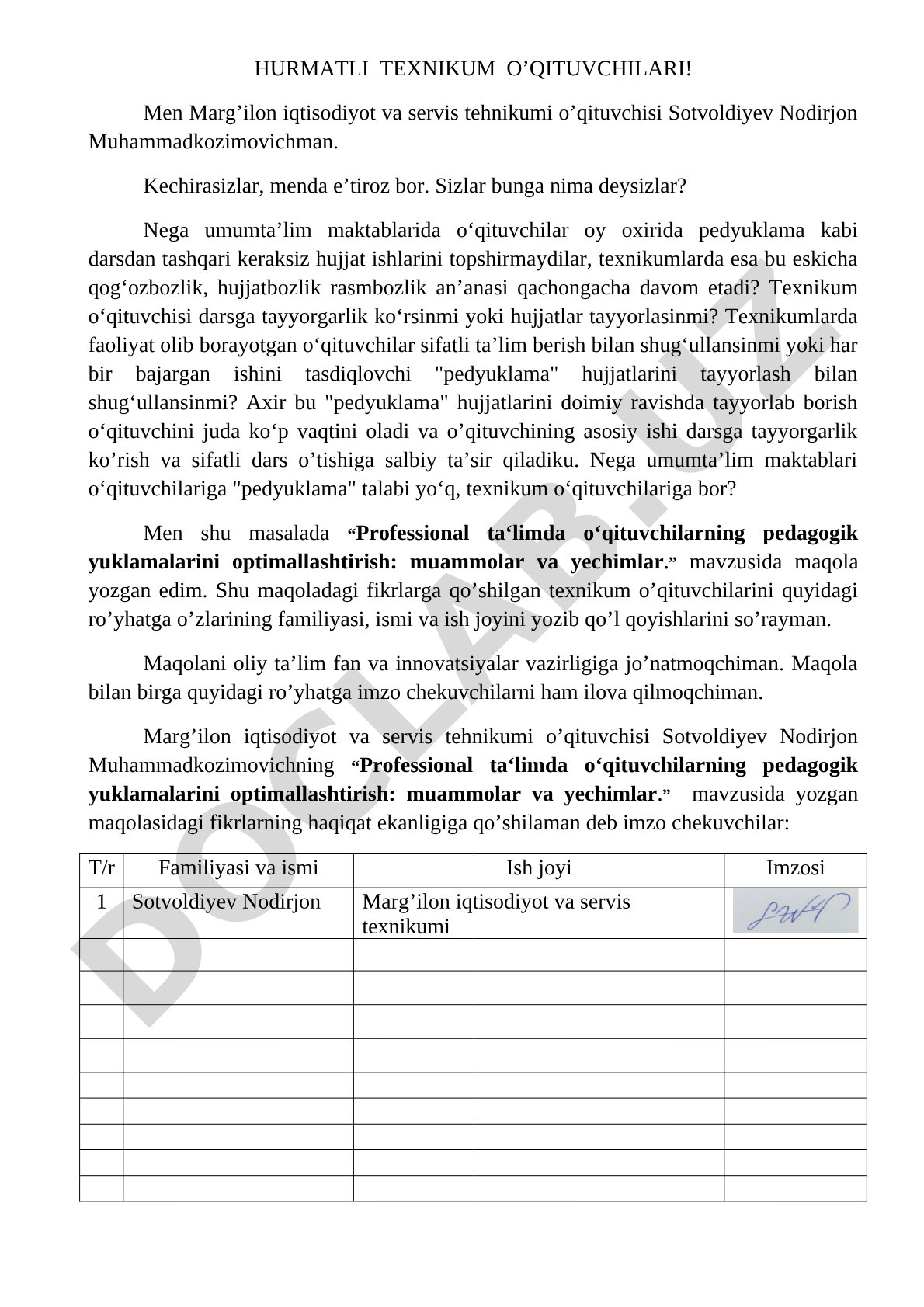 Pedyuklama talabi va texnikum o'qituvchilari muammosi
