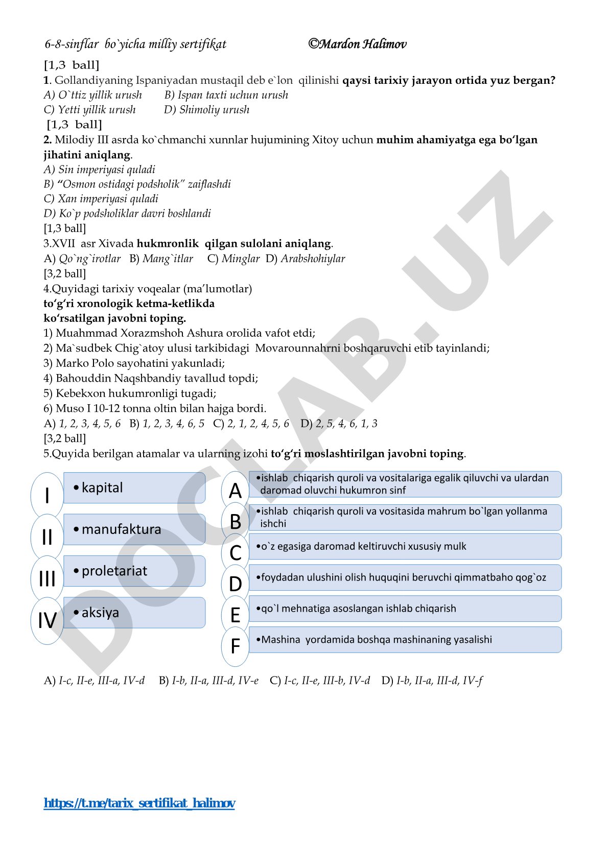6-8-sinflar tarix fanidan milliy sertifikat test savollari
